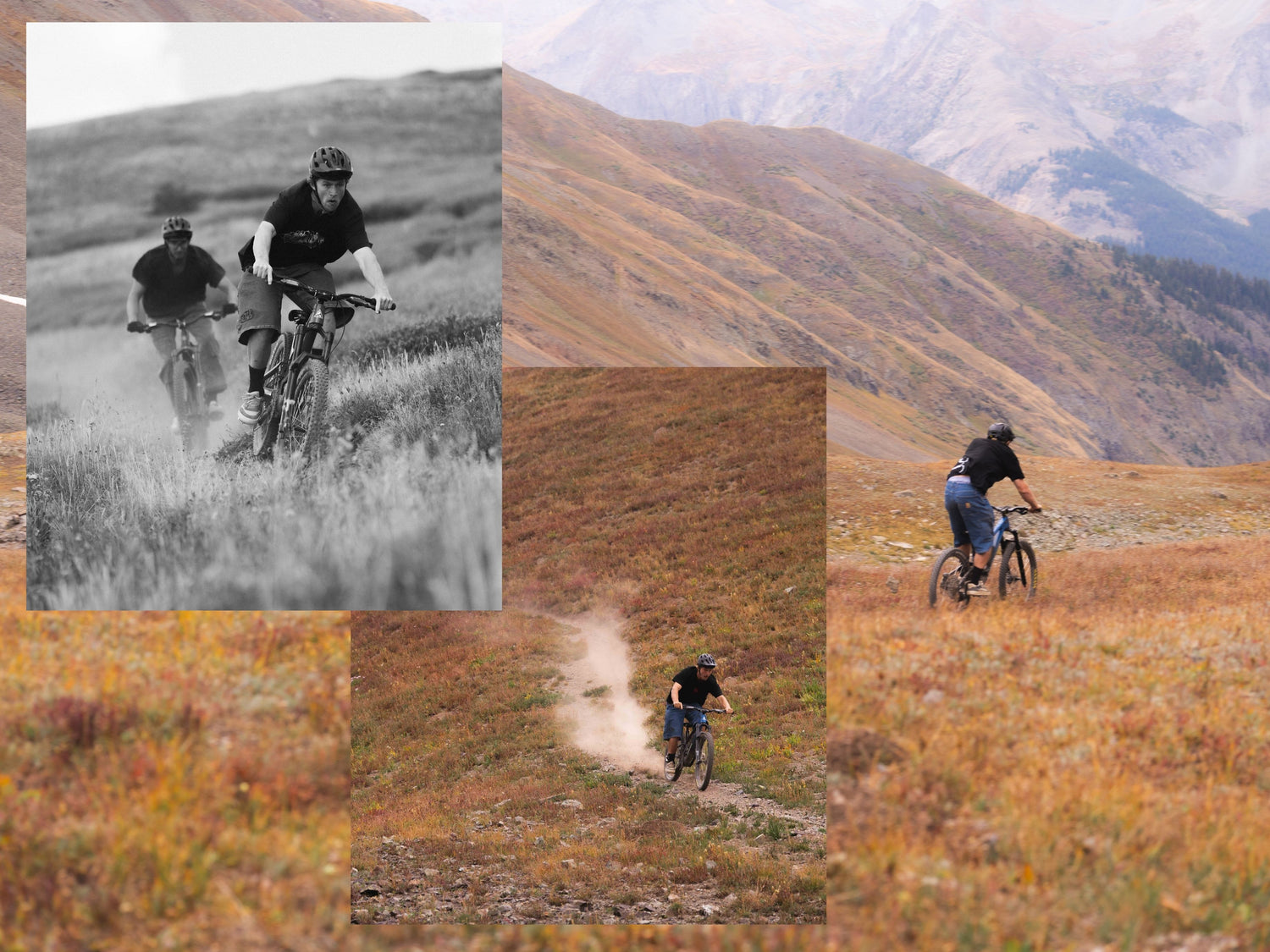 Collage of mountain bikers on a trail with a scenic mountain background.