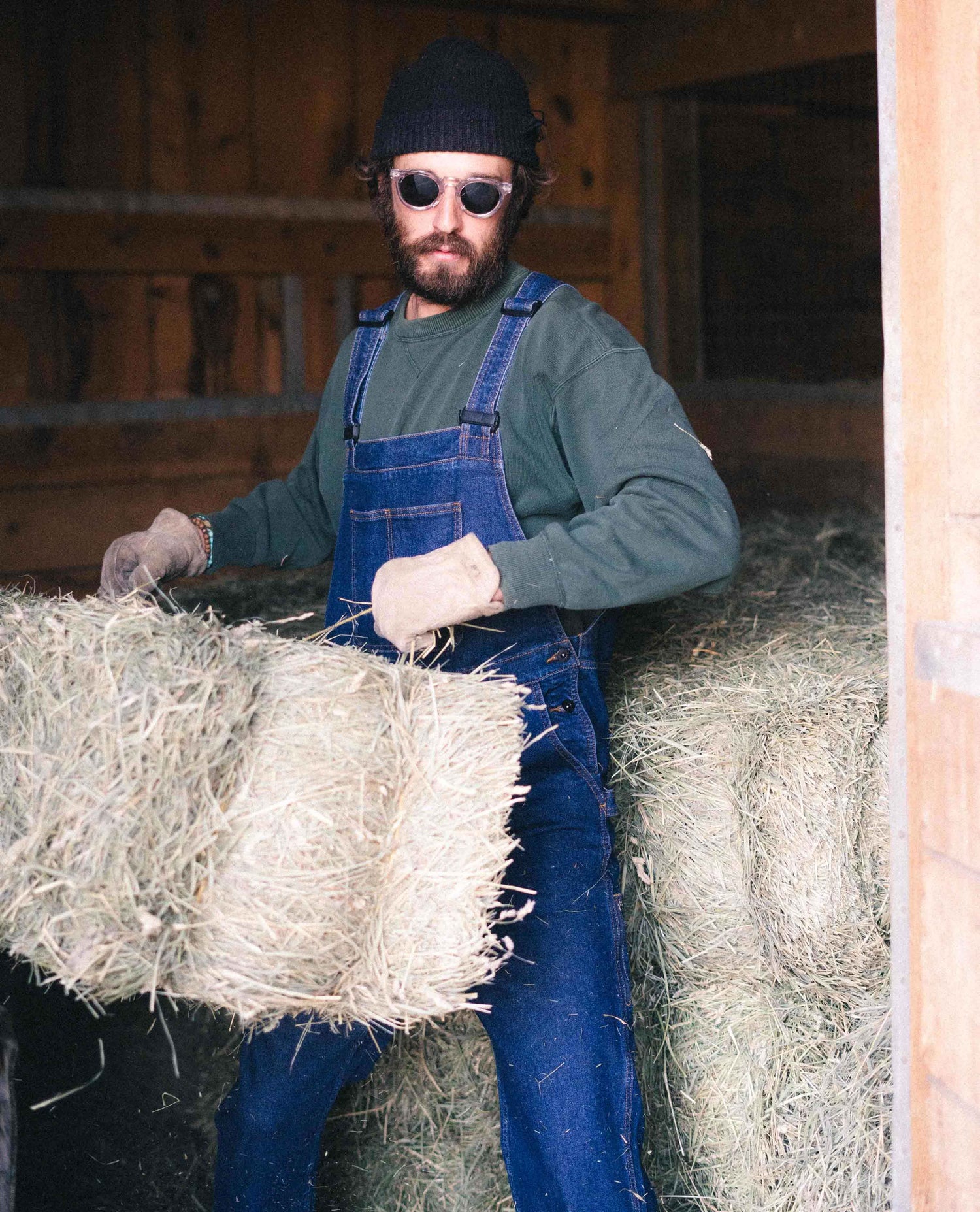 Man wearing blue collar starving jartist tuxedos at a farm. 