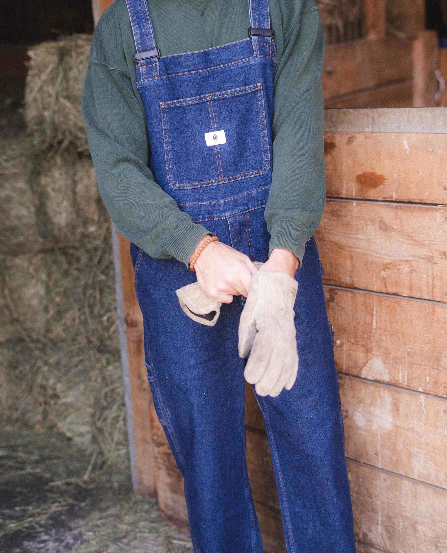 Man wearing blue collar starving jartist tuxedos at a farm. 