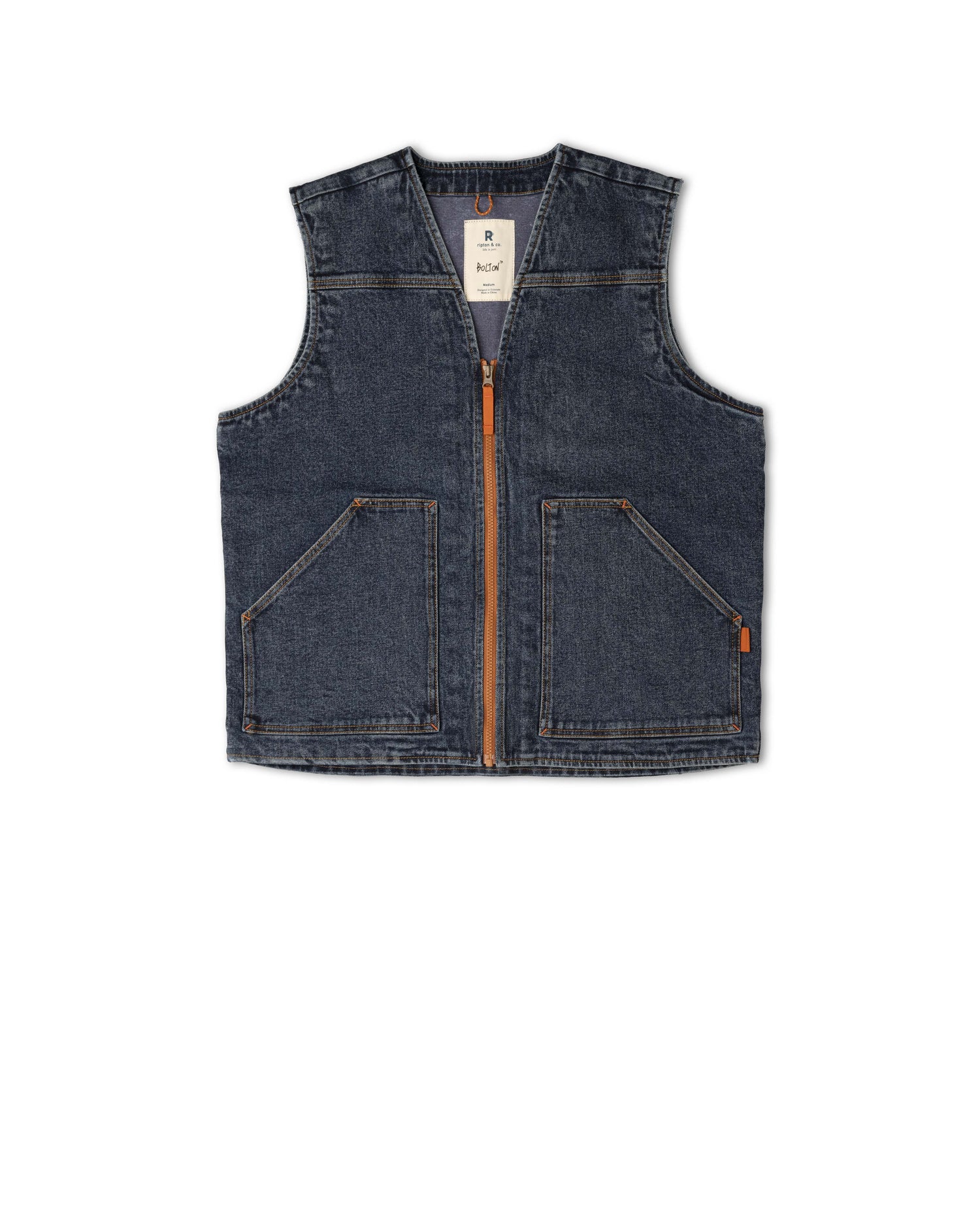Blue denim vest with orange zipper on a white background