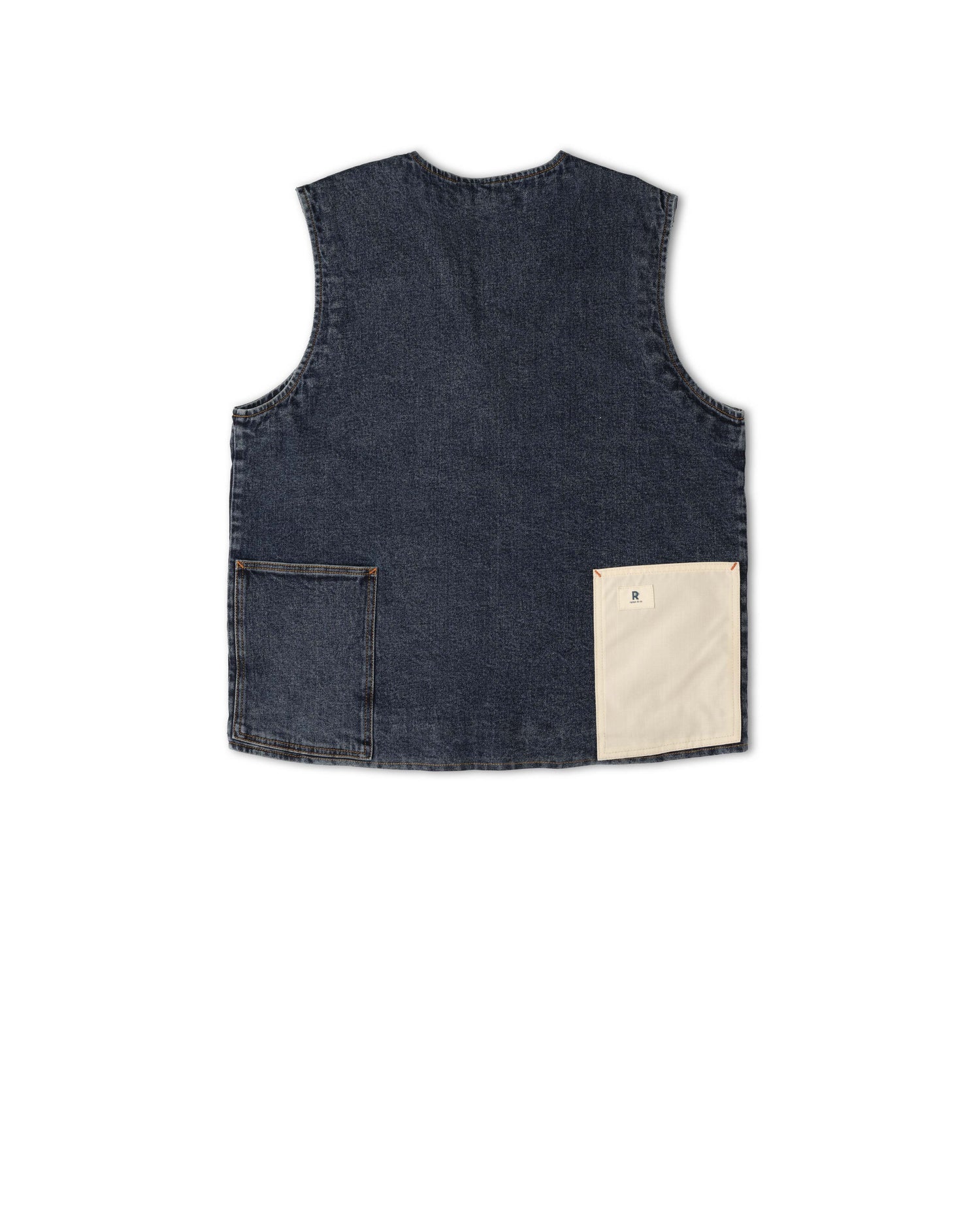 Denim vest with a beige pocket on a white background