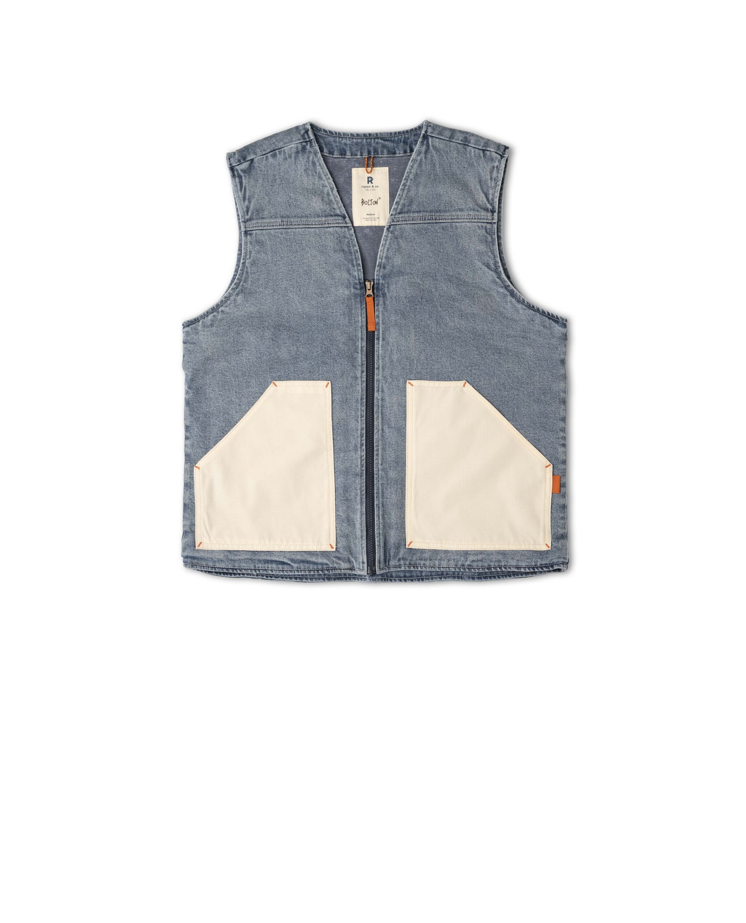 Blue denim vest with beige pockets on a white background