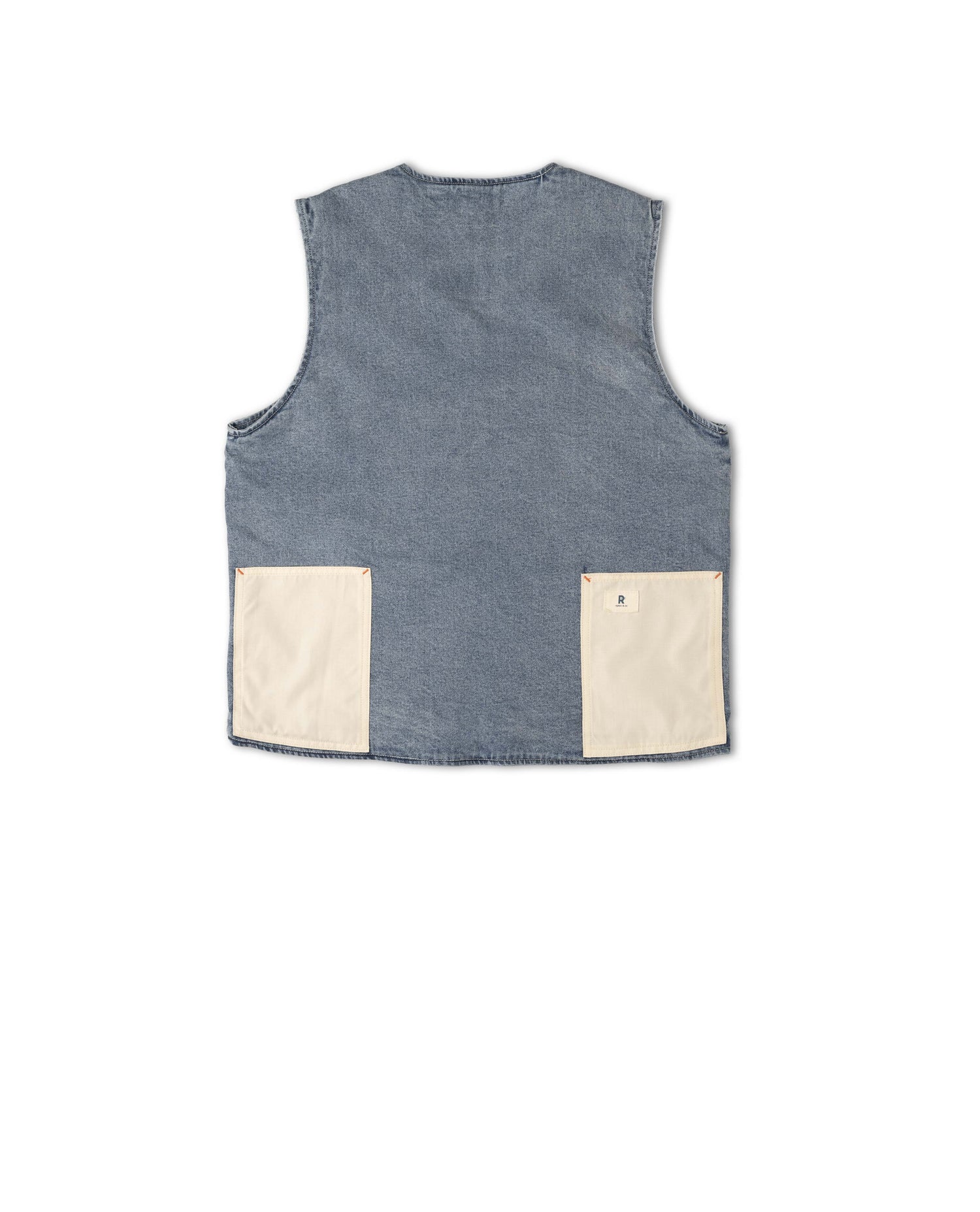 Blue vest with beige pockets on a white background