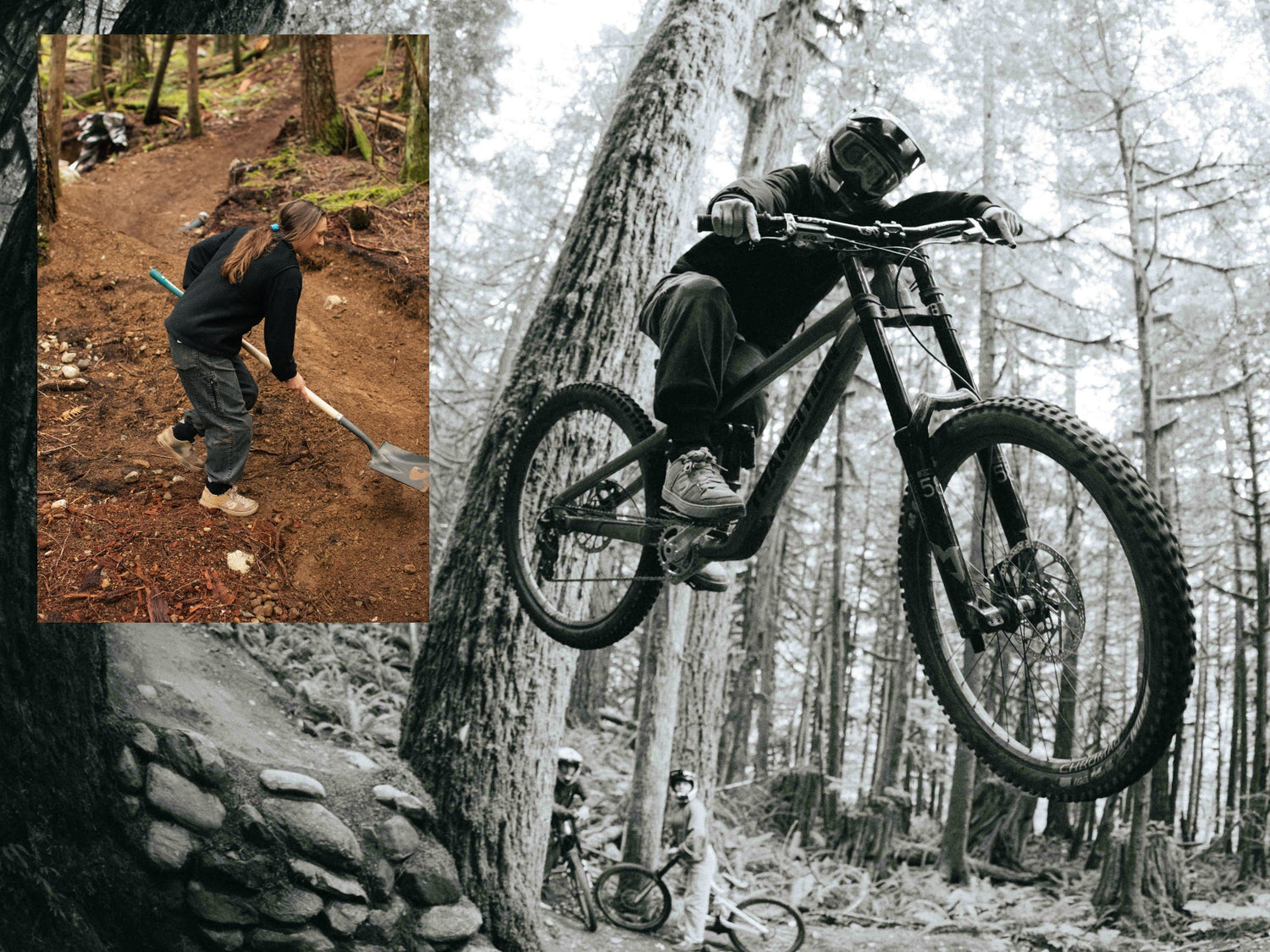 Britt riding a bicycle in a forest with a close-up inset showing a different action.