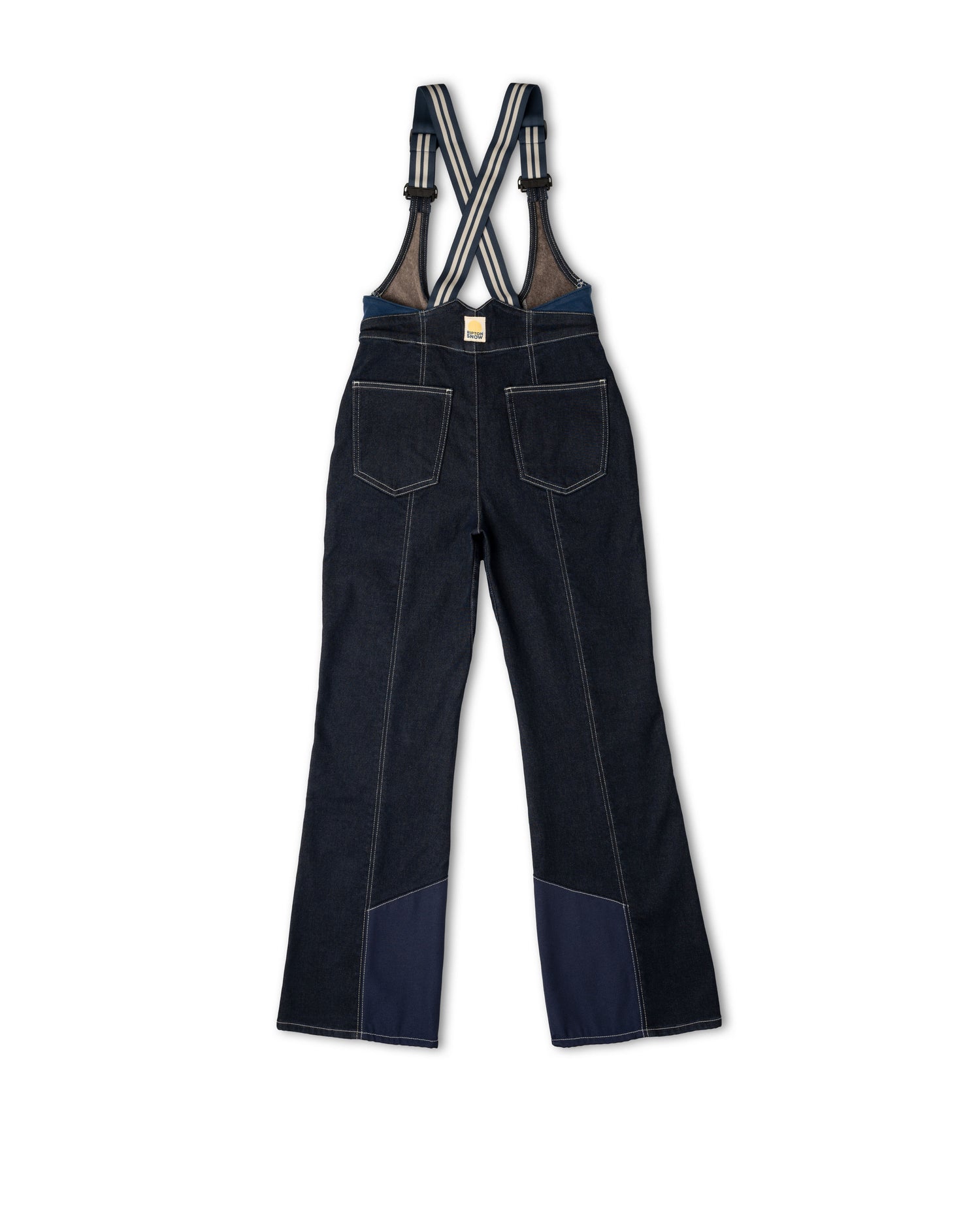 Dark blue denim overalls with suspenders on a white background