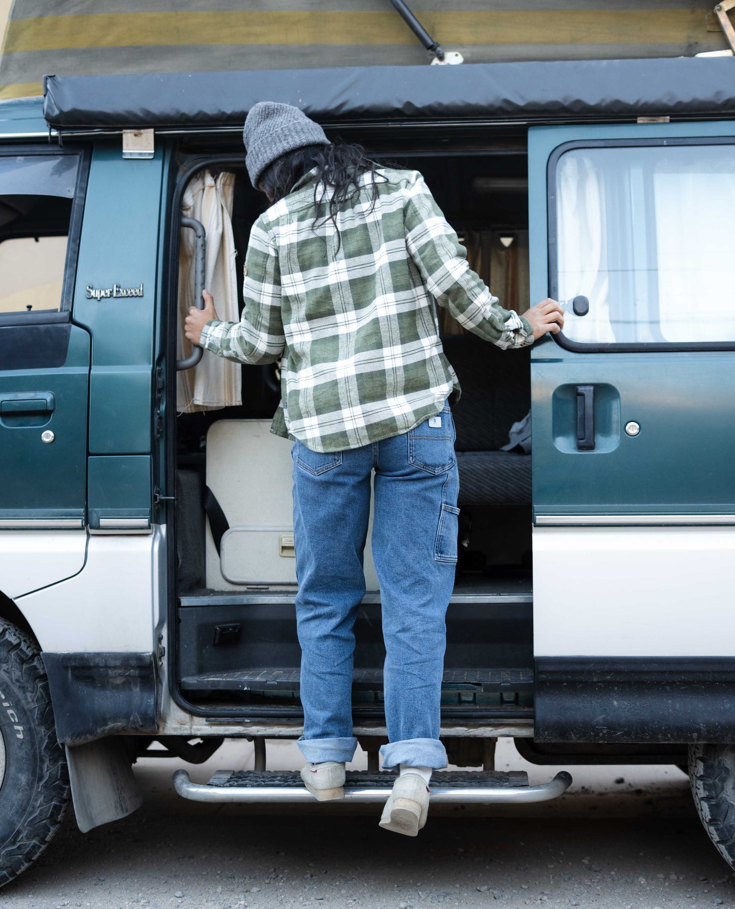 Getting into Jack's old camper van in jeans