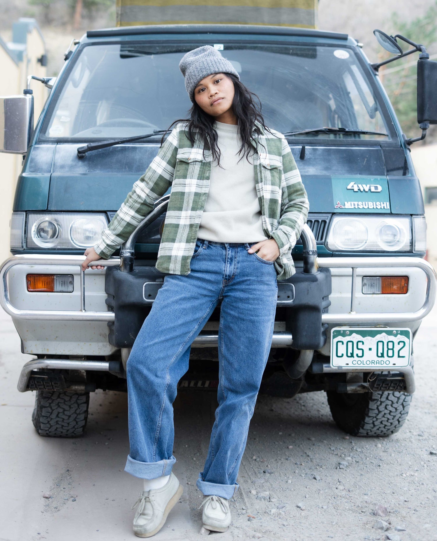 Standing in front of jack's van in jeans