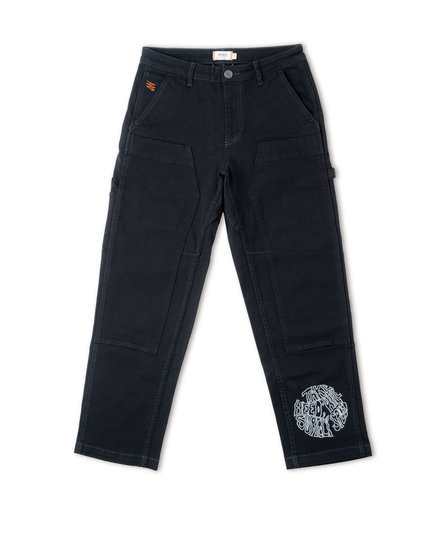 Black pants with a logo on a white background