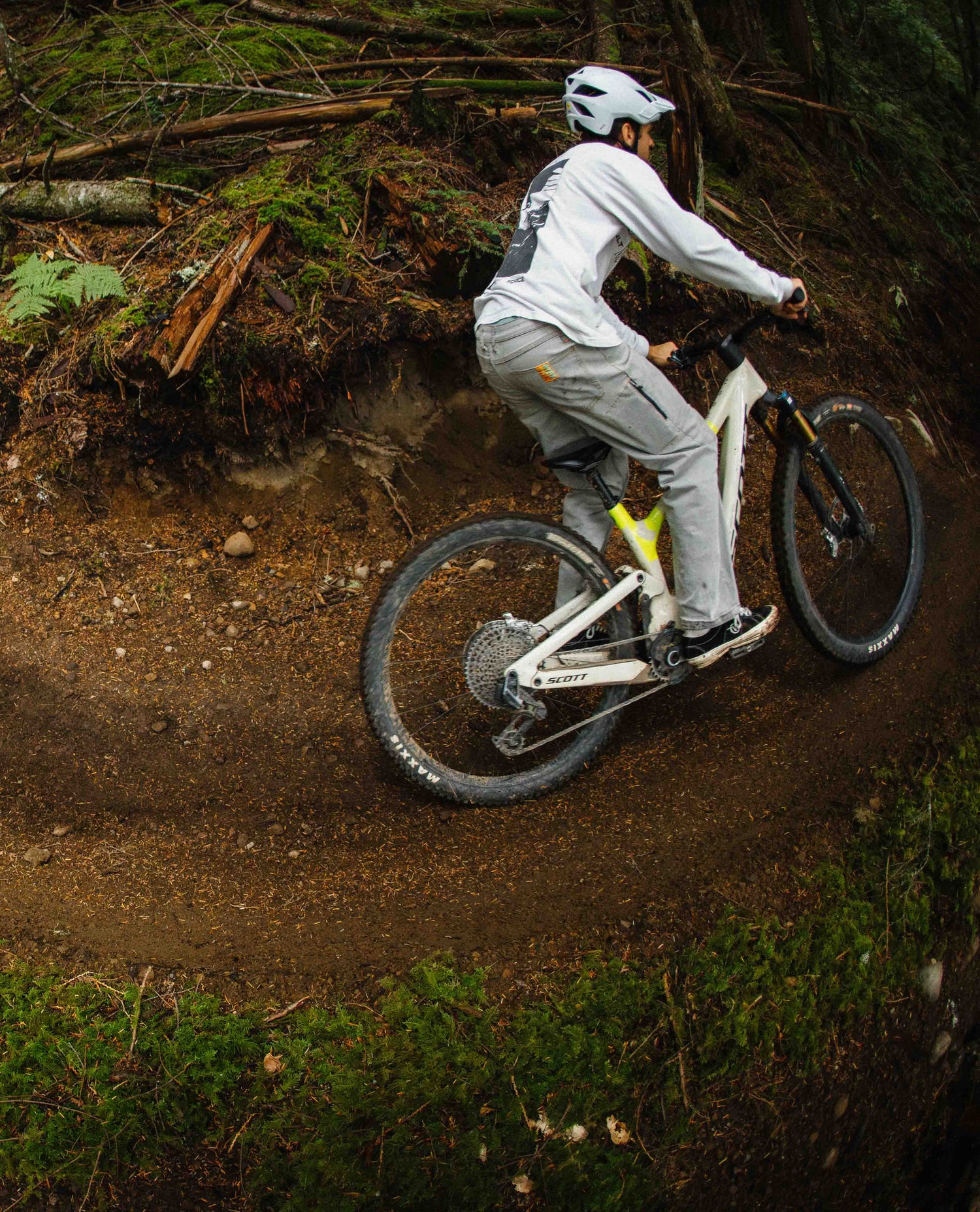 Person riding a mountain bike on a trail in a forest