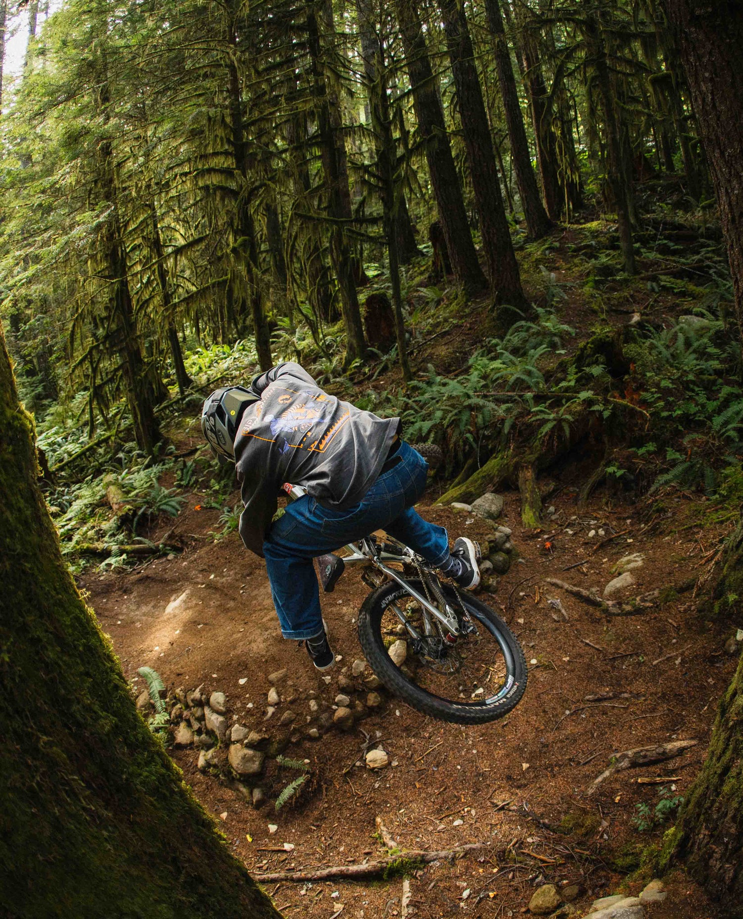Person riding a mountain bike on a trail in a forest
