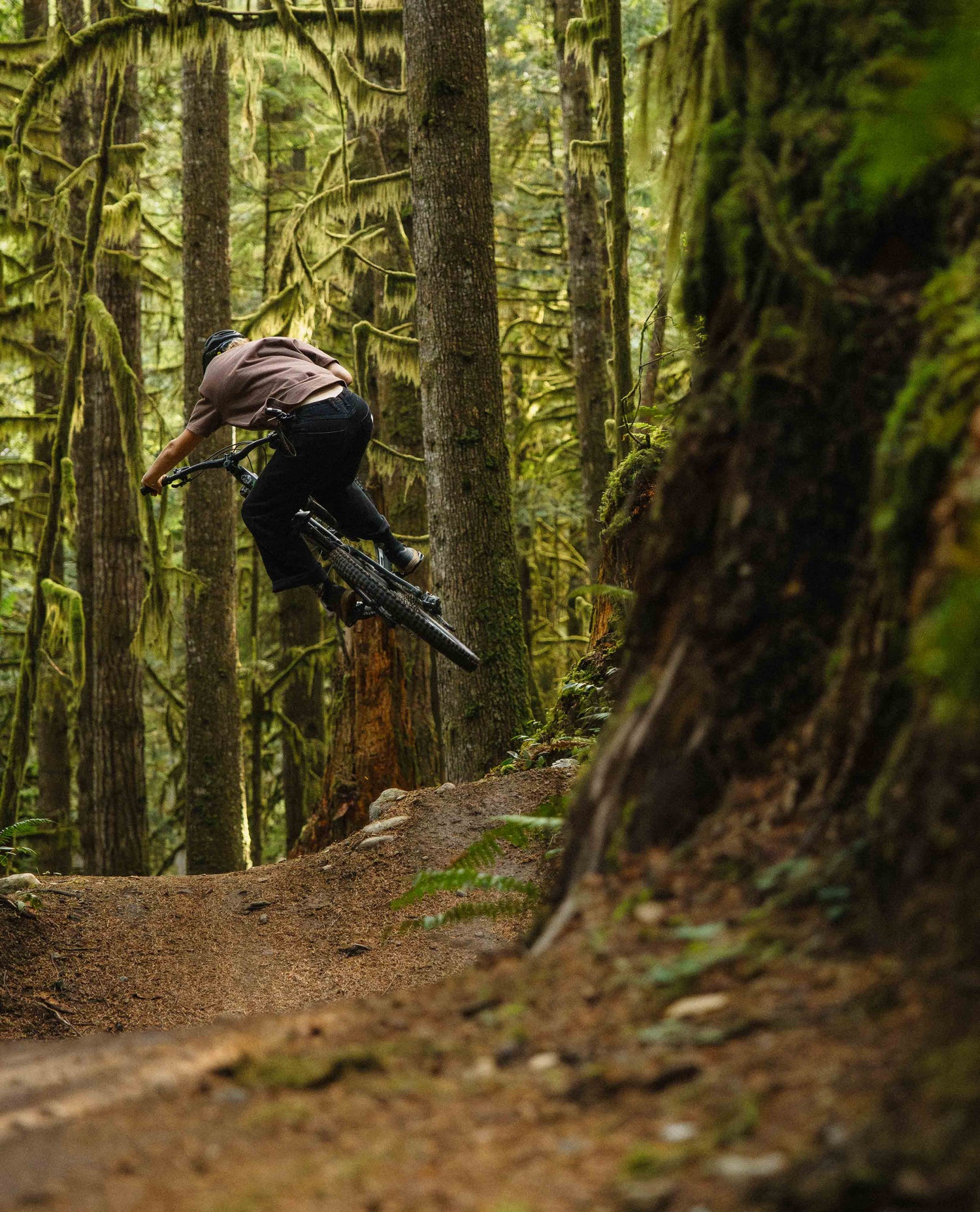 Person riding a mountain bike through a forest