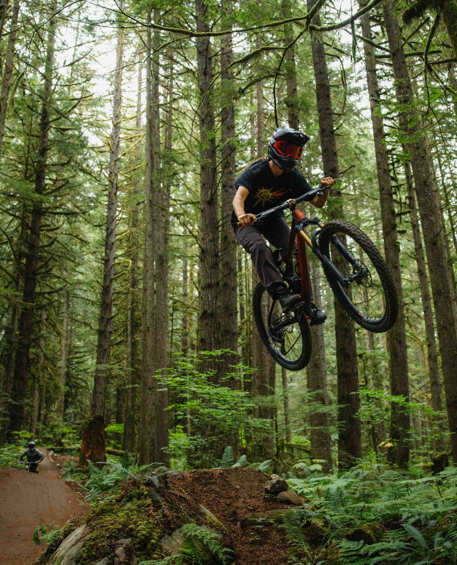 Person riding a mountain bike through a forest