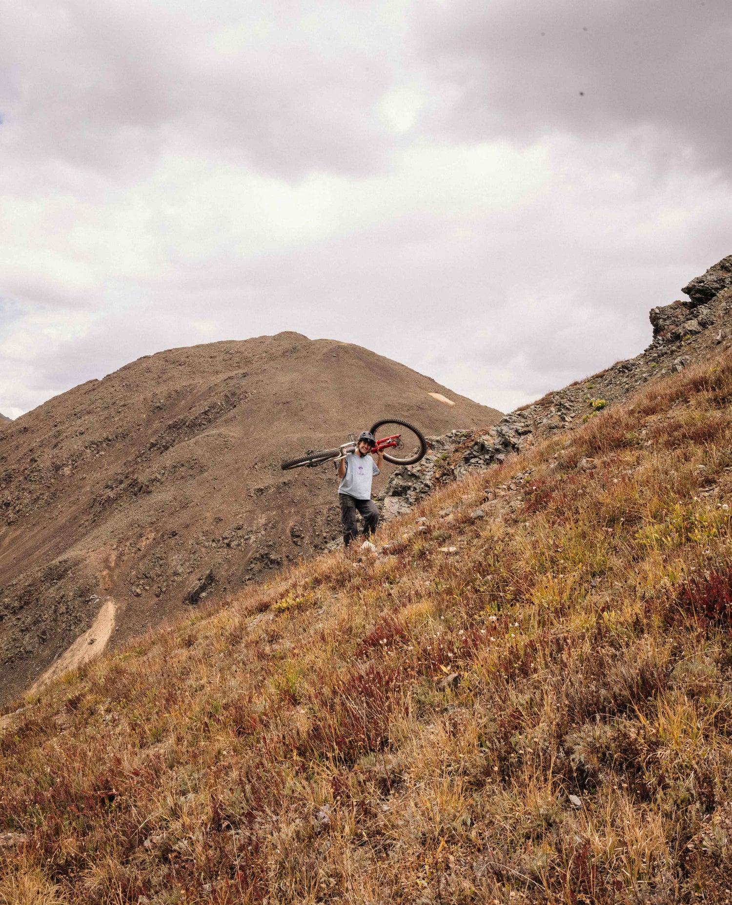Janelle hiking up a big mountain