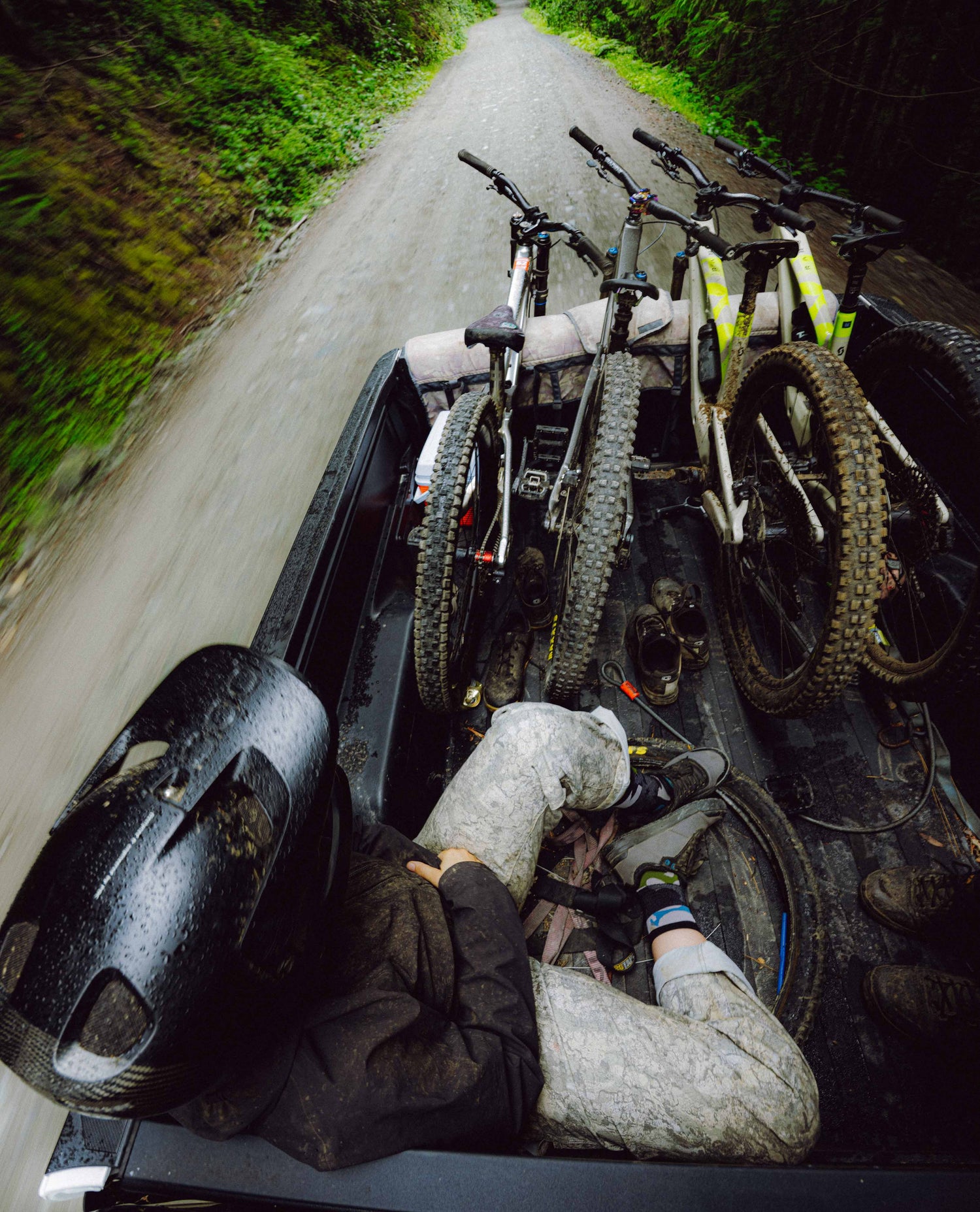 Person sitting in a truck bed with bicycles loaded on a dirt road
