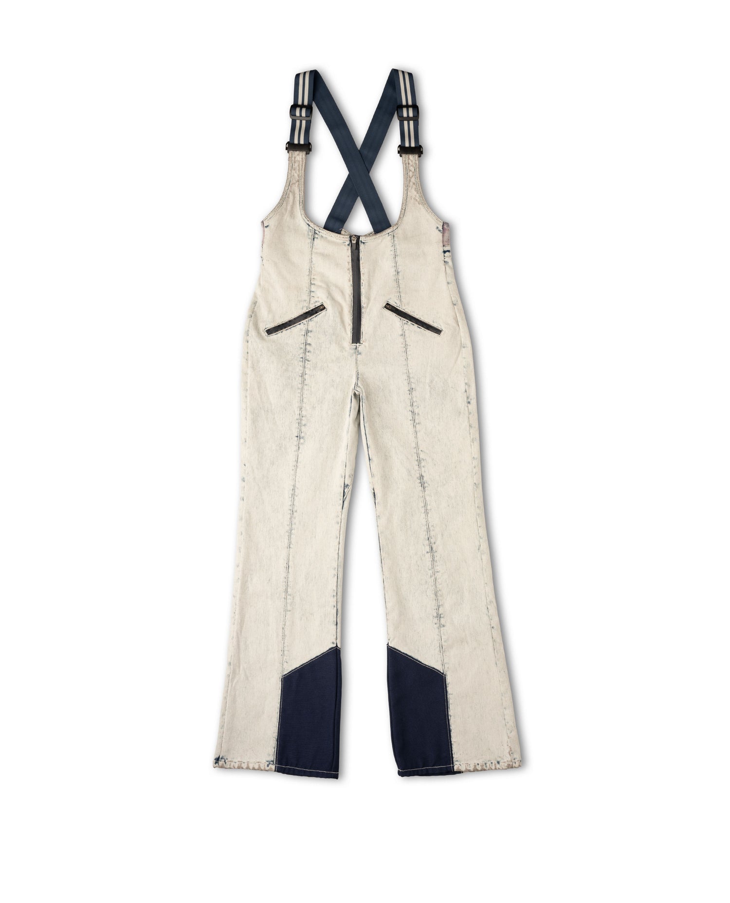 Beige overalls with black accents on a white background
