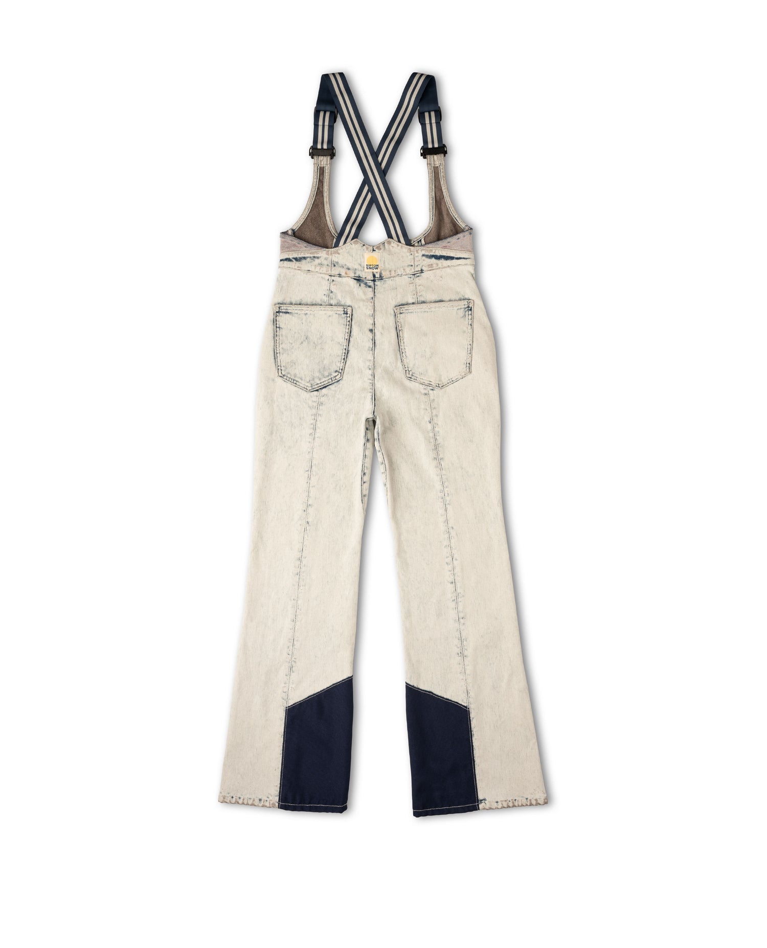 Beige overalls with black accents on a white background