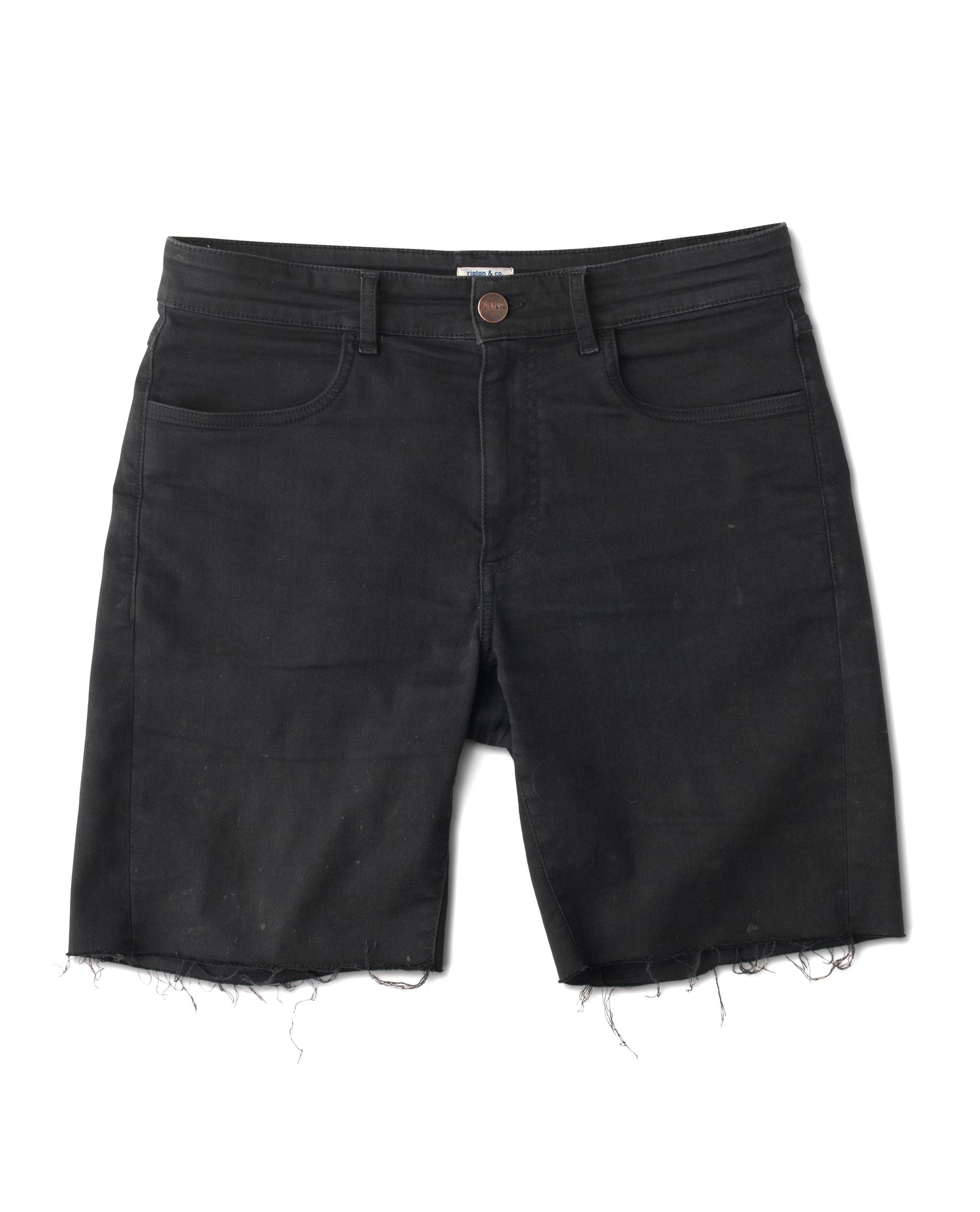 Black denim shorts on a white background