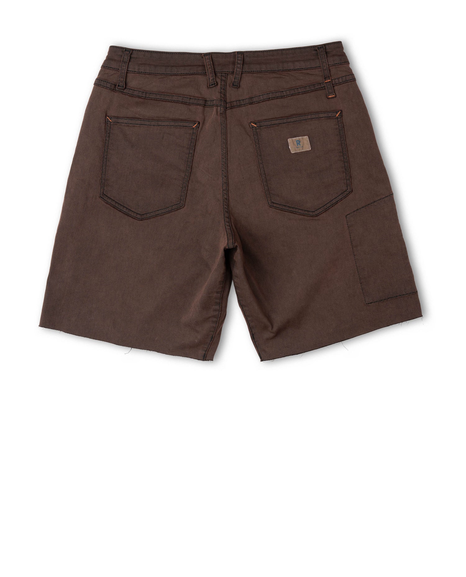 Brown shorts with a visible brand logo on a white background