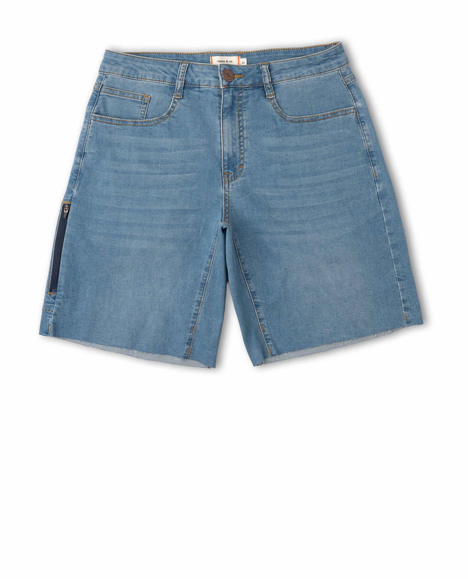 Blue denim shorts on a white background