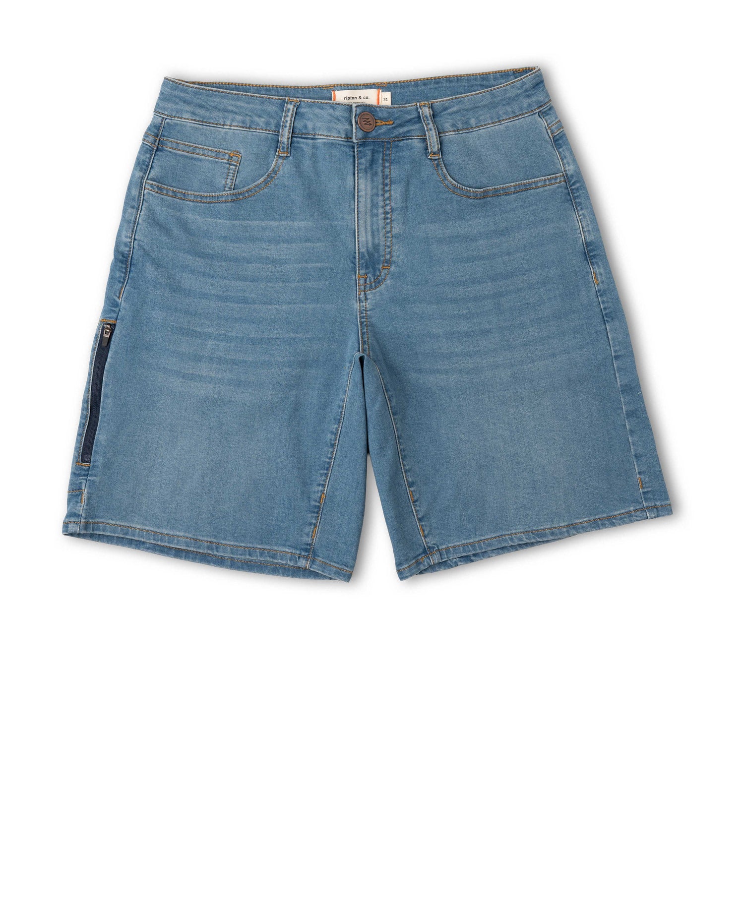 Blue denim shorts on a white background