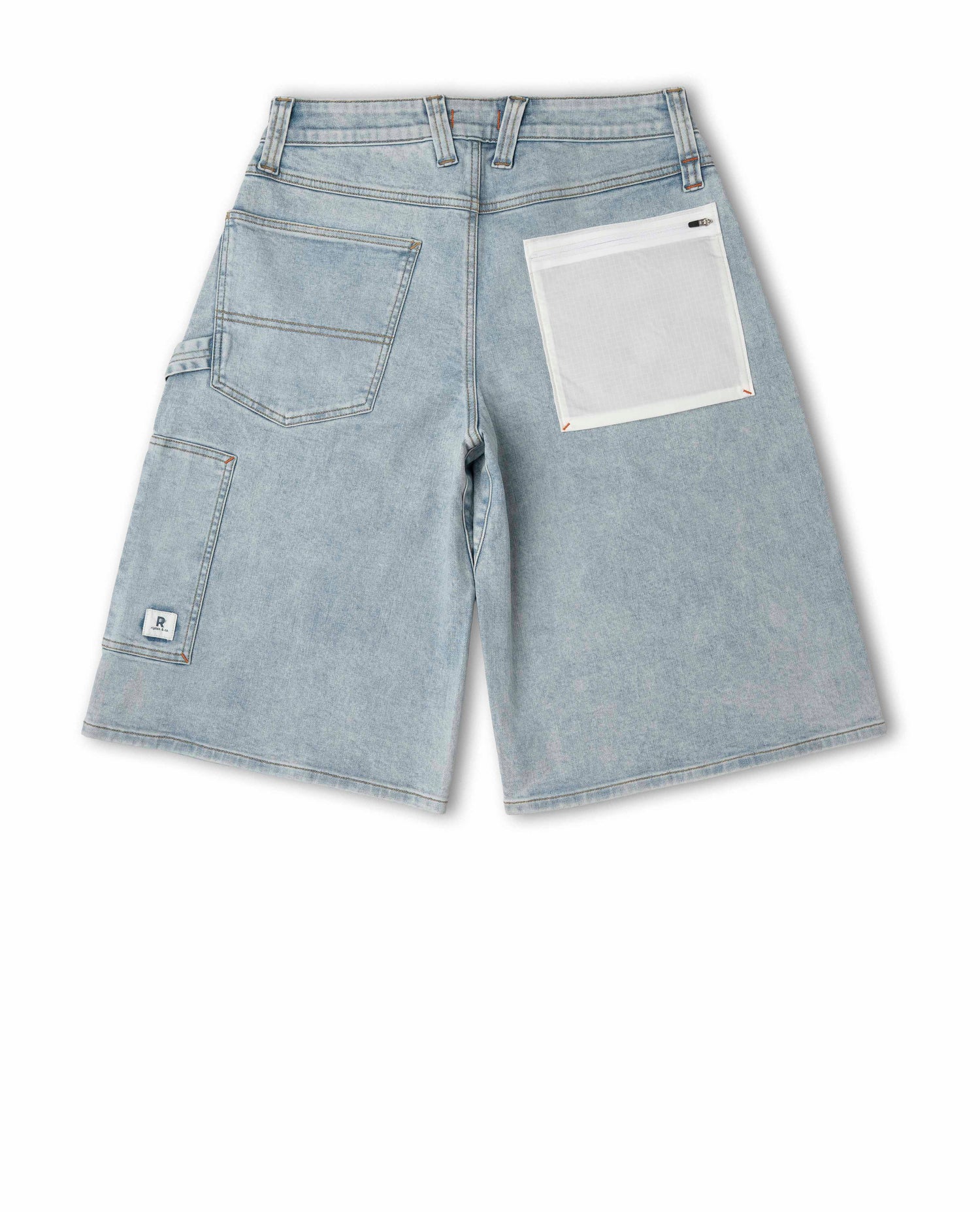 Light blue denim shorts with white patches on a white background