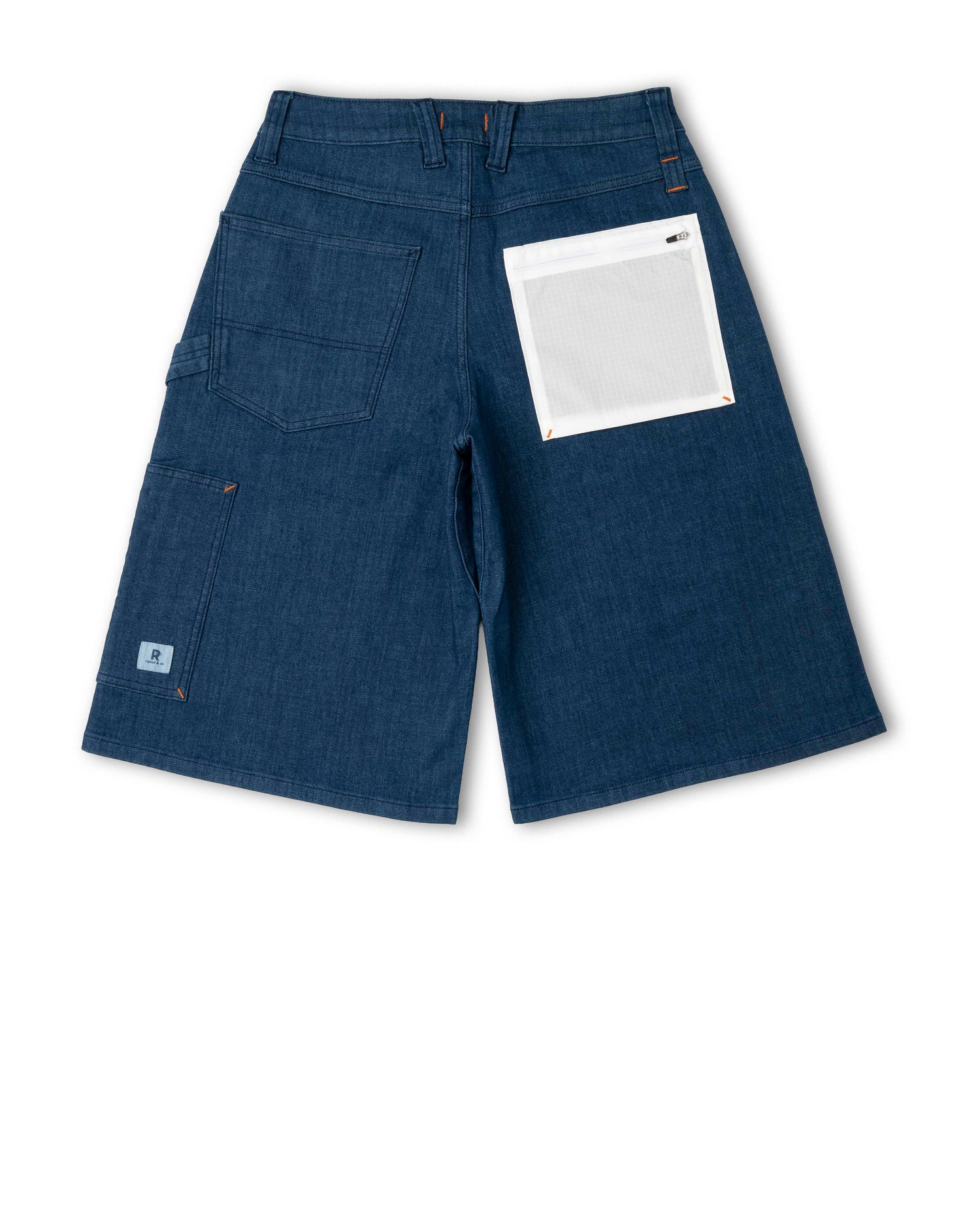 Blue denim shorts with a white pocket on a white background