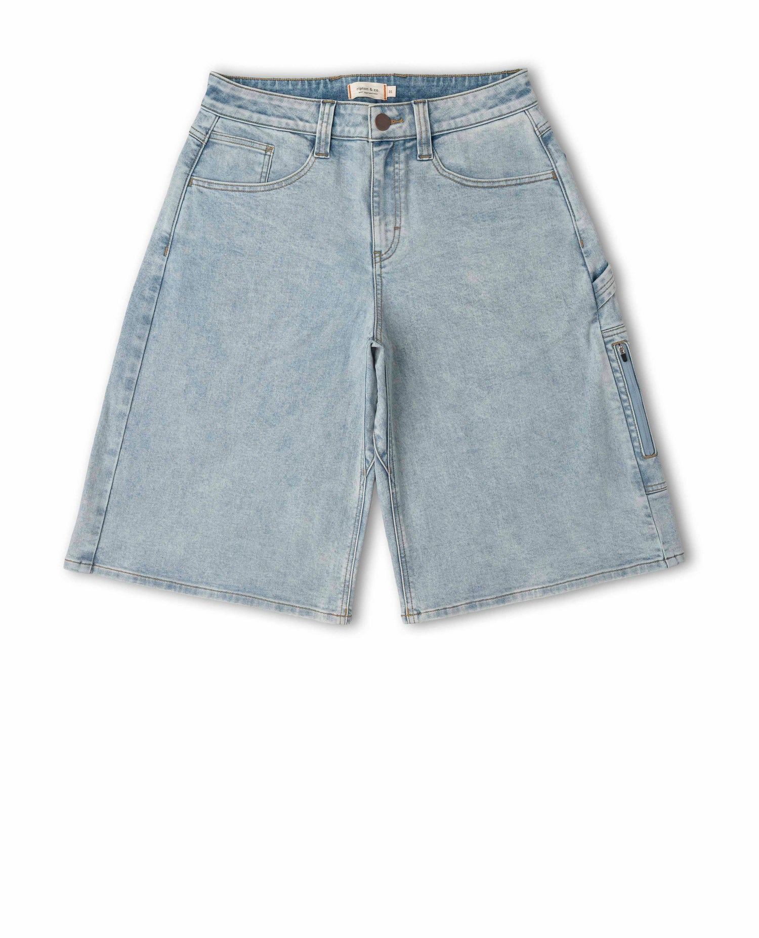 Light blue denim shorts on a white background
