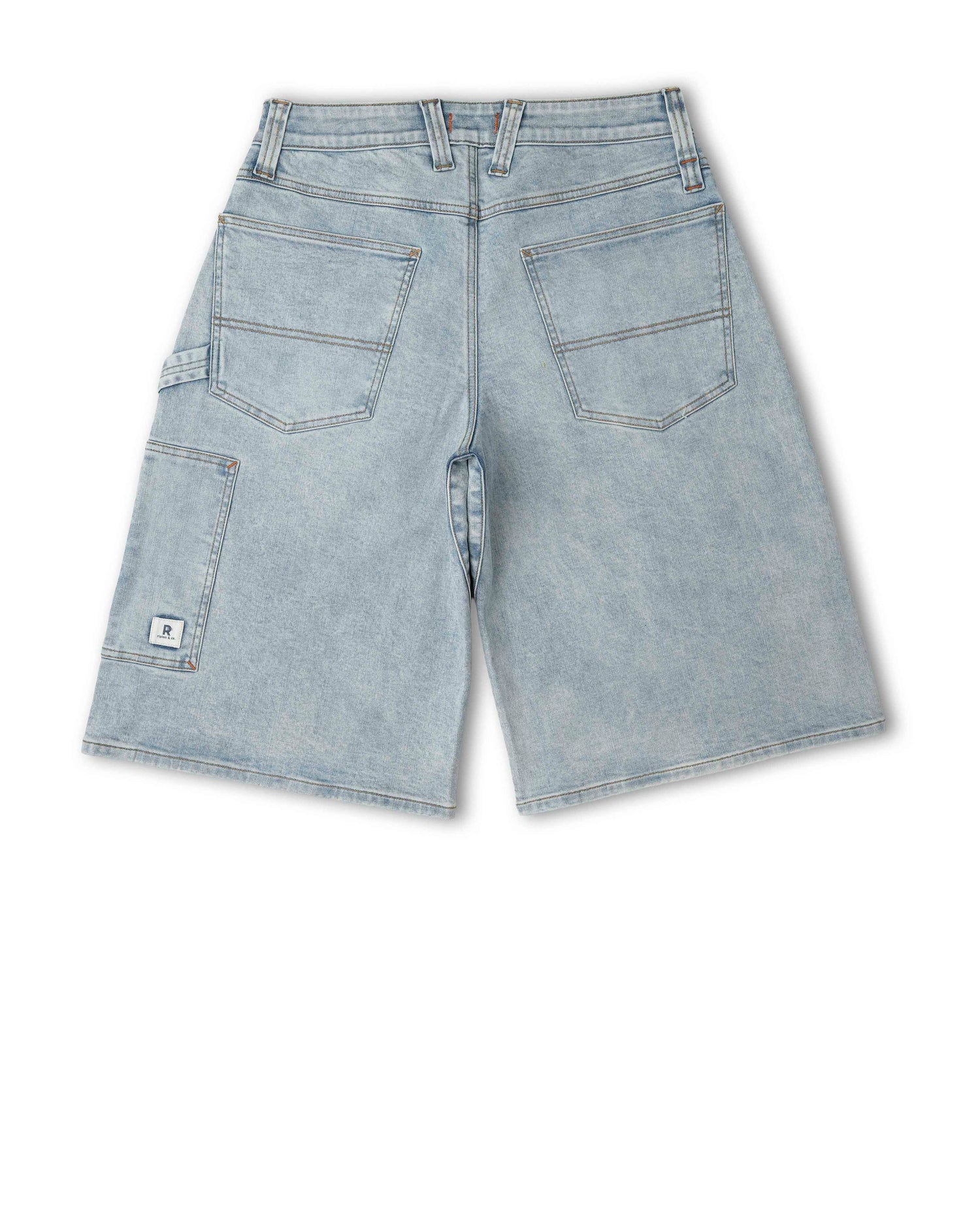 Light blue denim shorts on a white background