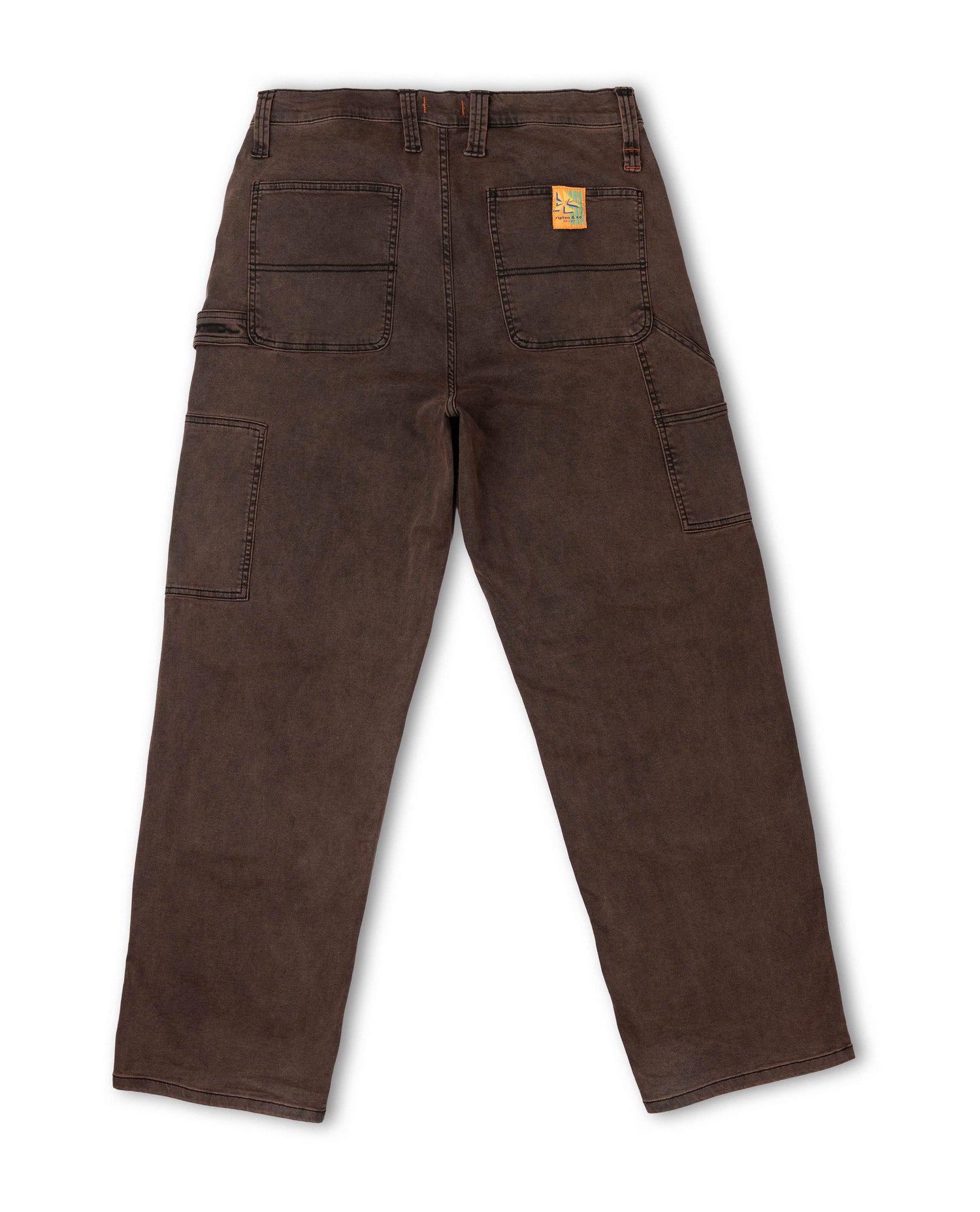 Brown work pants with a brand logo on a white background