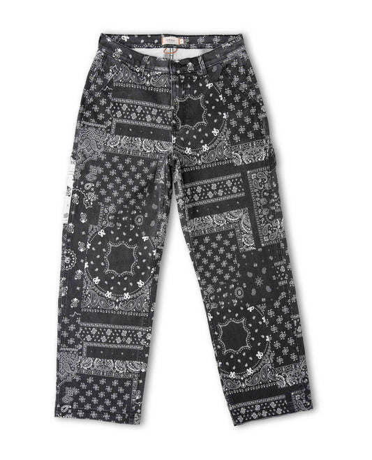 Black and white bandana print pant, front view, on a white background.