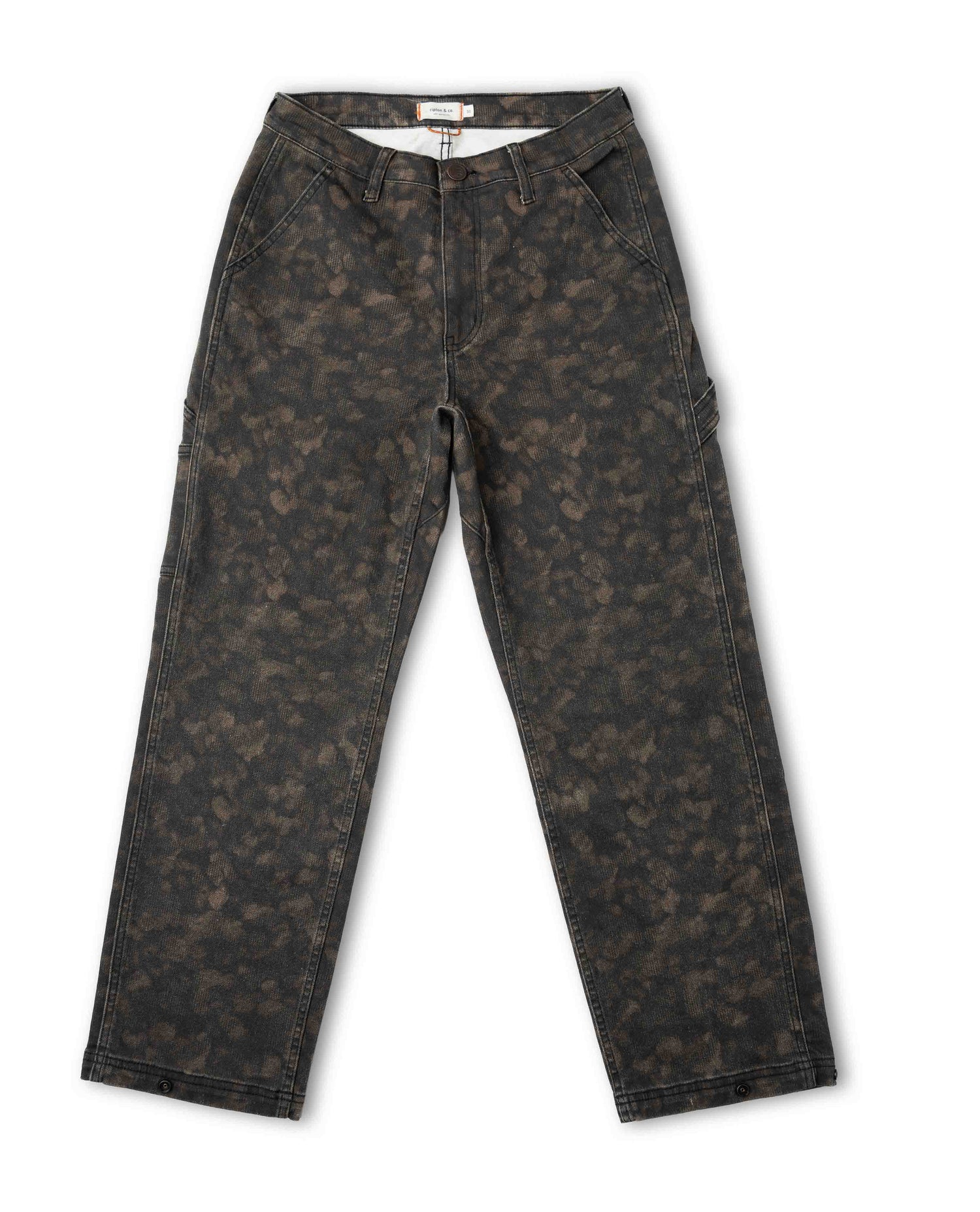 A pair of dark brown and black camouflage cargo pants shown flat against a plain white background.