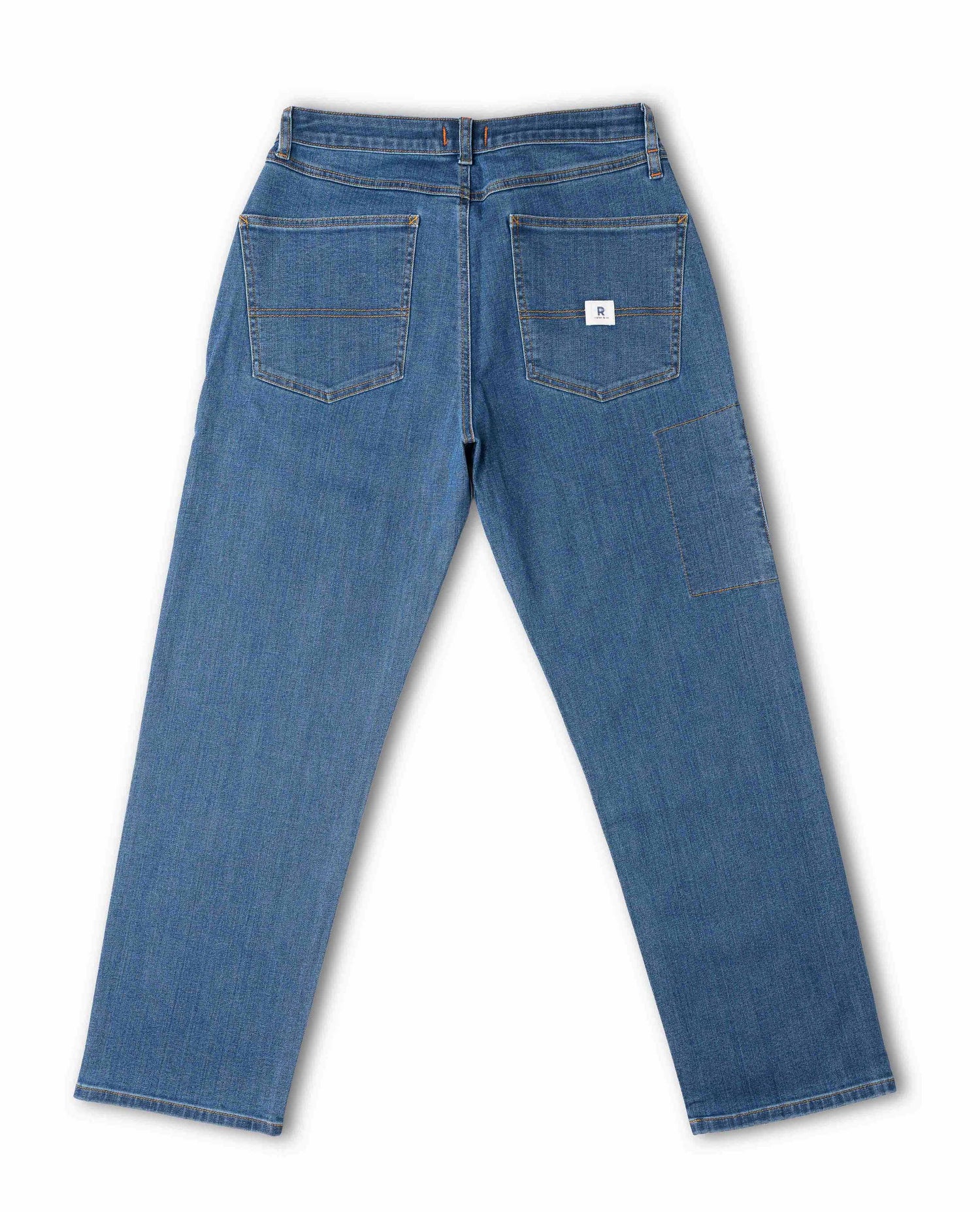 Medium wash jeans, back view, on white background