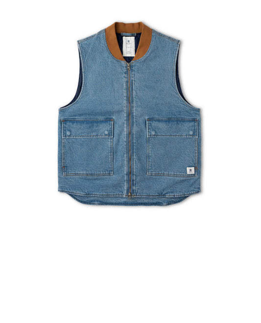 Blue denim vest on white background with brown collar