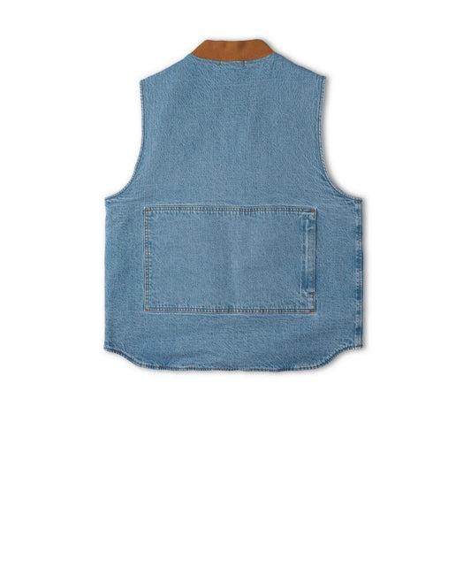 A light blue denim vest shown from the back, featuring a large rectangular patch pocket and a contrasting brown collar, photographed on a solid white background.