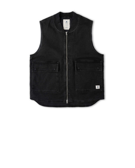 Black denim vest on white background
