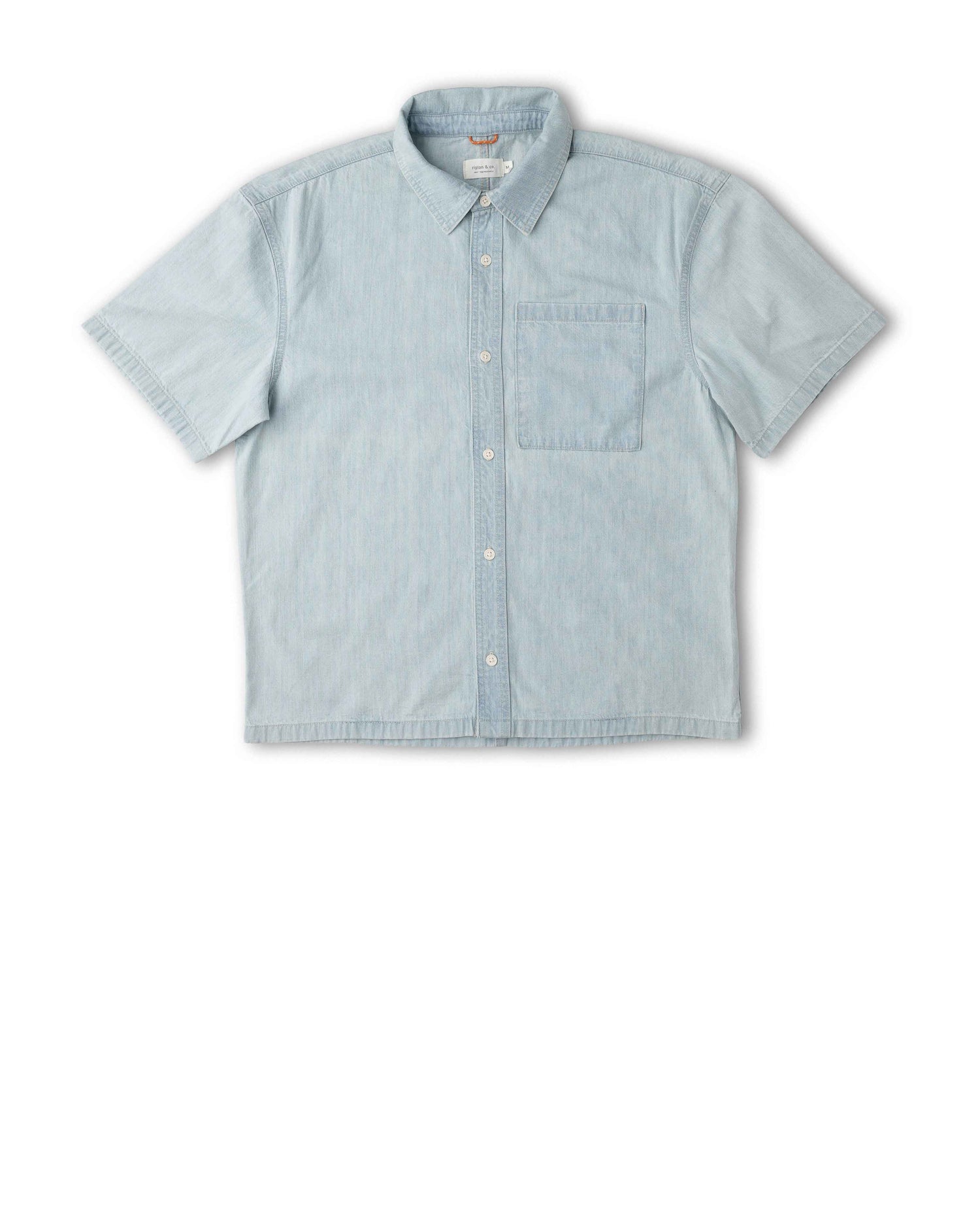 A light blue short-sleeve button-up shirt with a chest pocket, laid flat against a white background.