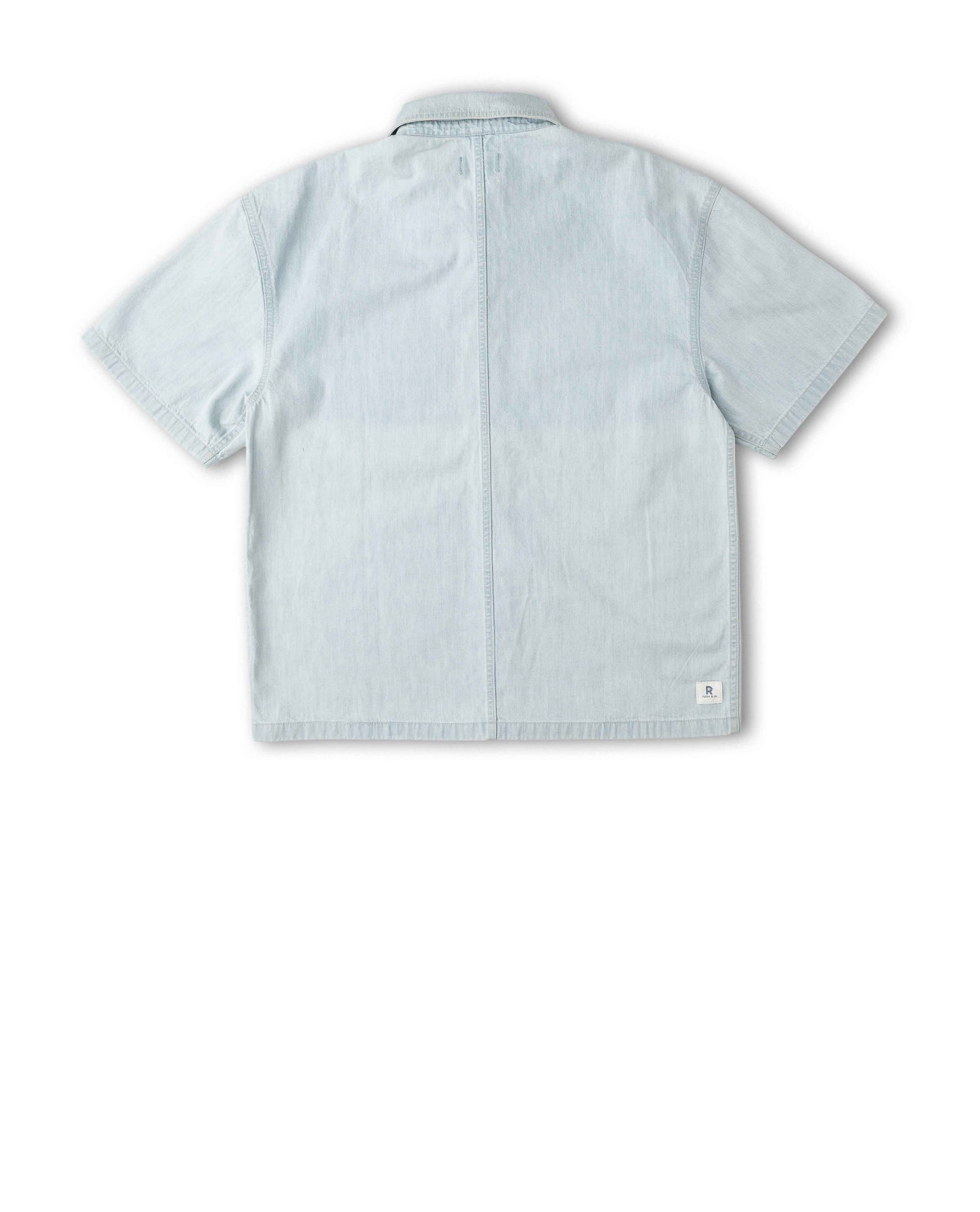 A light blue short-sleeve button-up shirt shown from the back, laid flat against a white background.