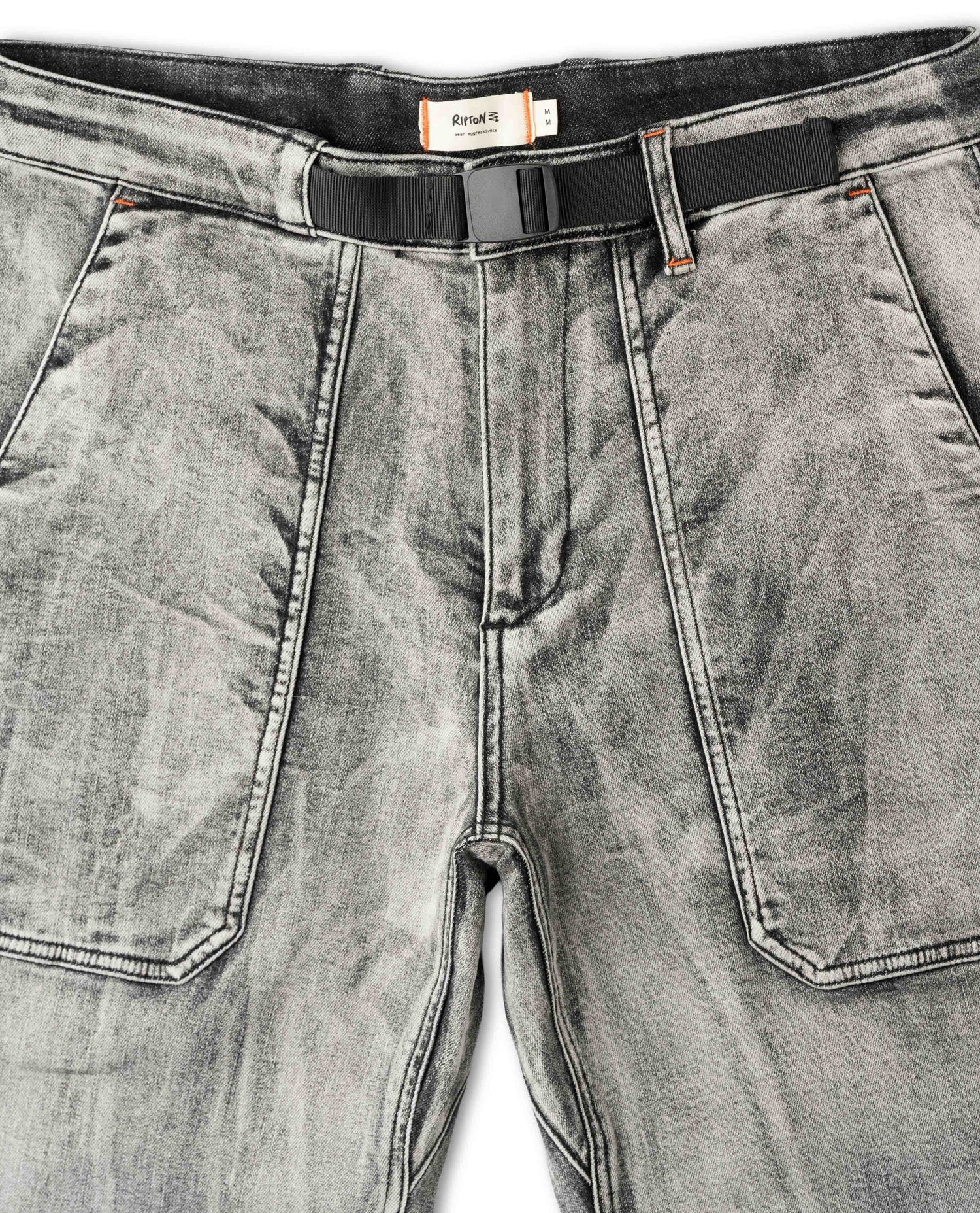 Gray jeans with a black belt on a white background