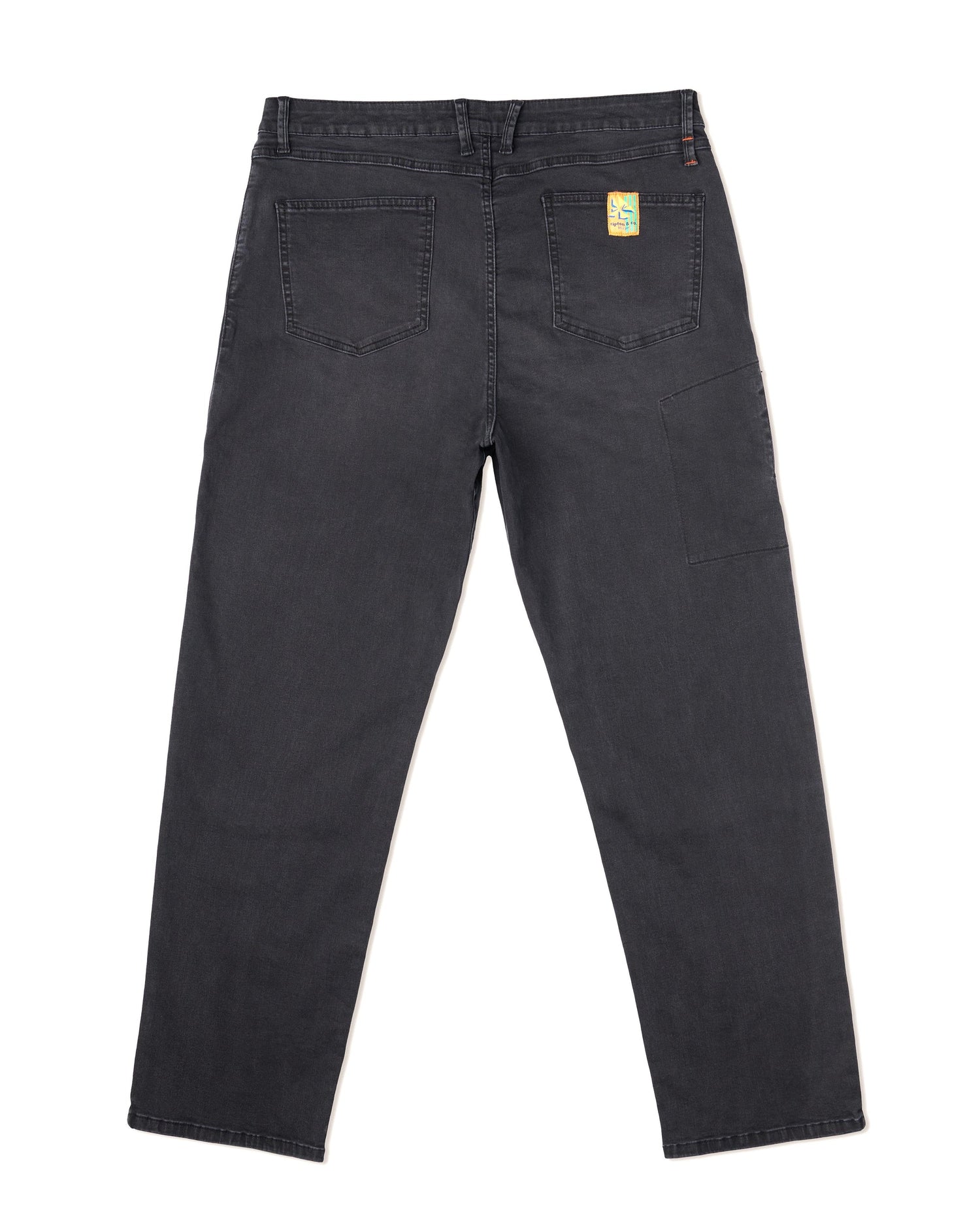 A rear view of a pair of Ripton black jeans. 