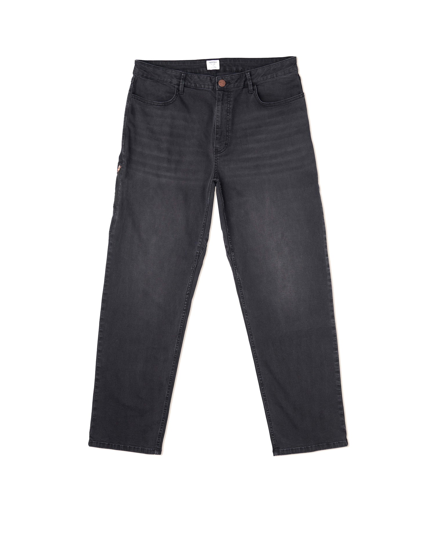 A pair of men's black Superlite jeans with a zipper side pocket and classic pockets.
