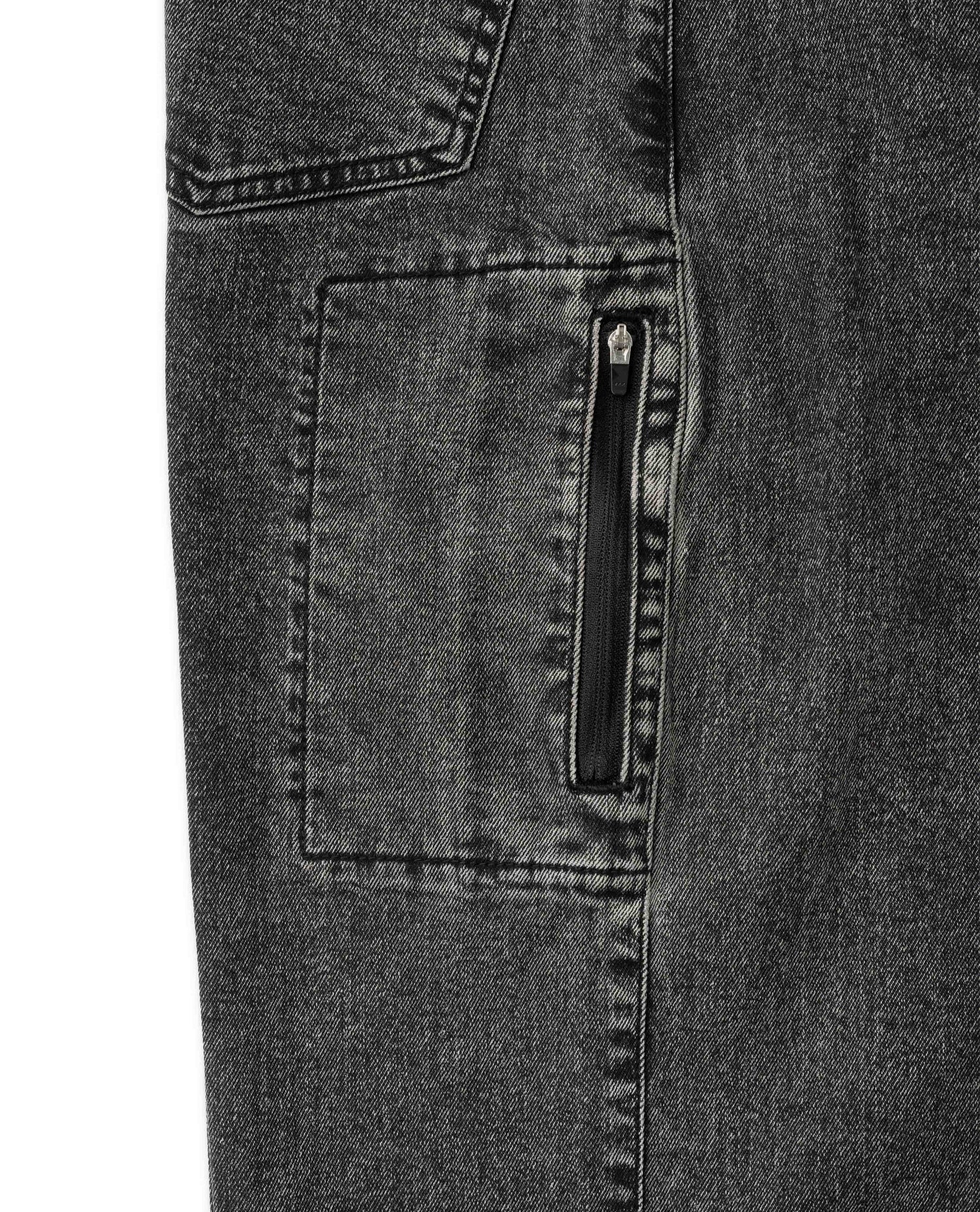 Close-up of a dark gray denim pocket with a zipper on a white background