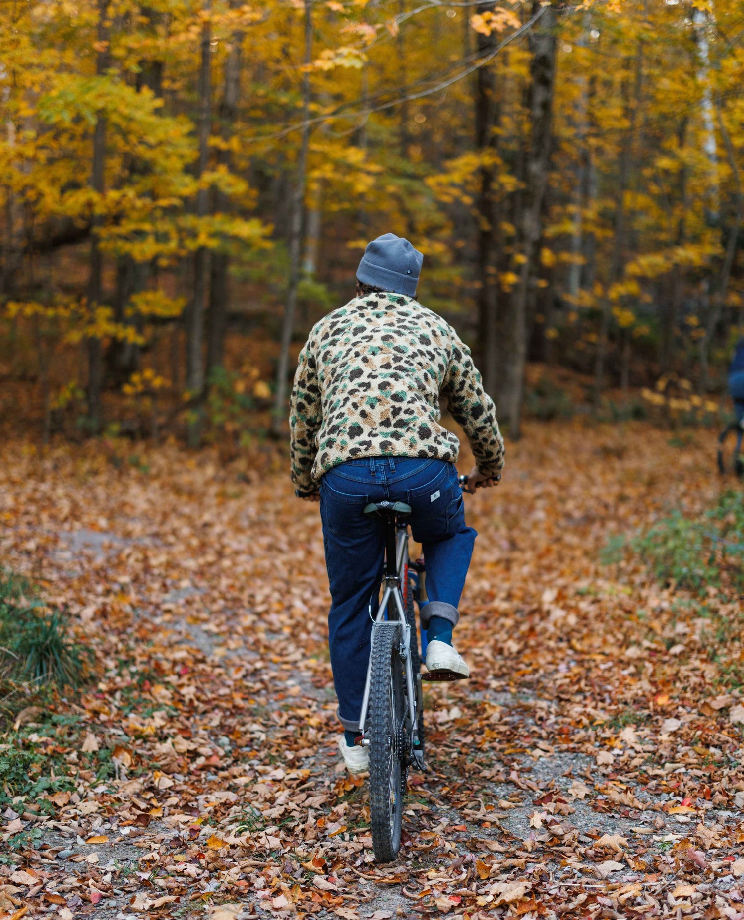 Person riding a bicycle through a forest with autumn foliage
