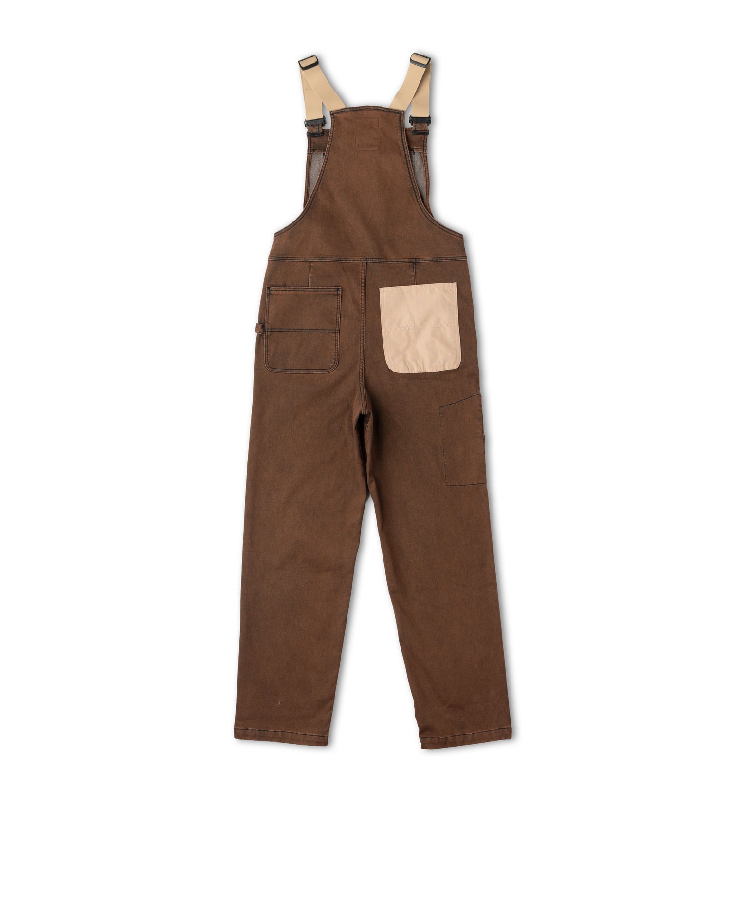Brown overalls with a beige pocket on a white background