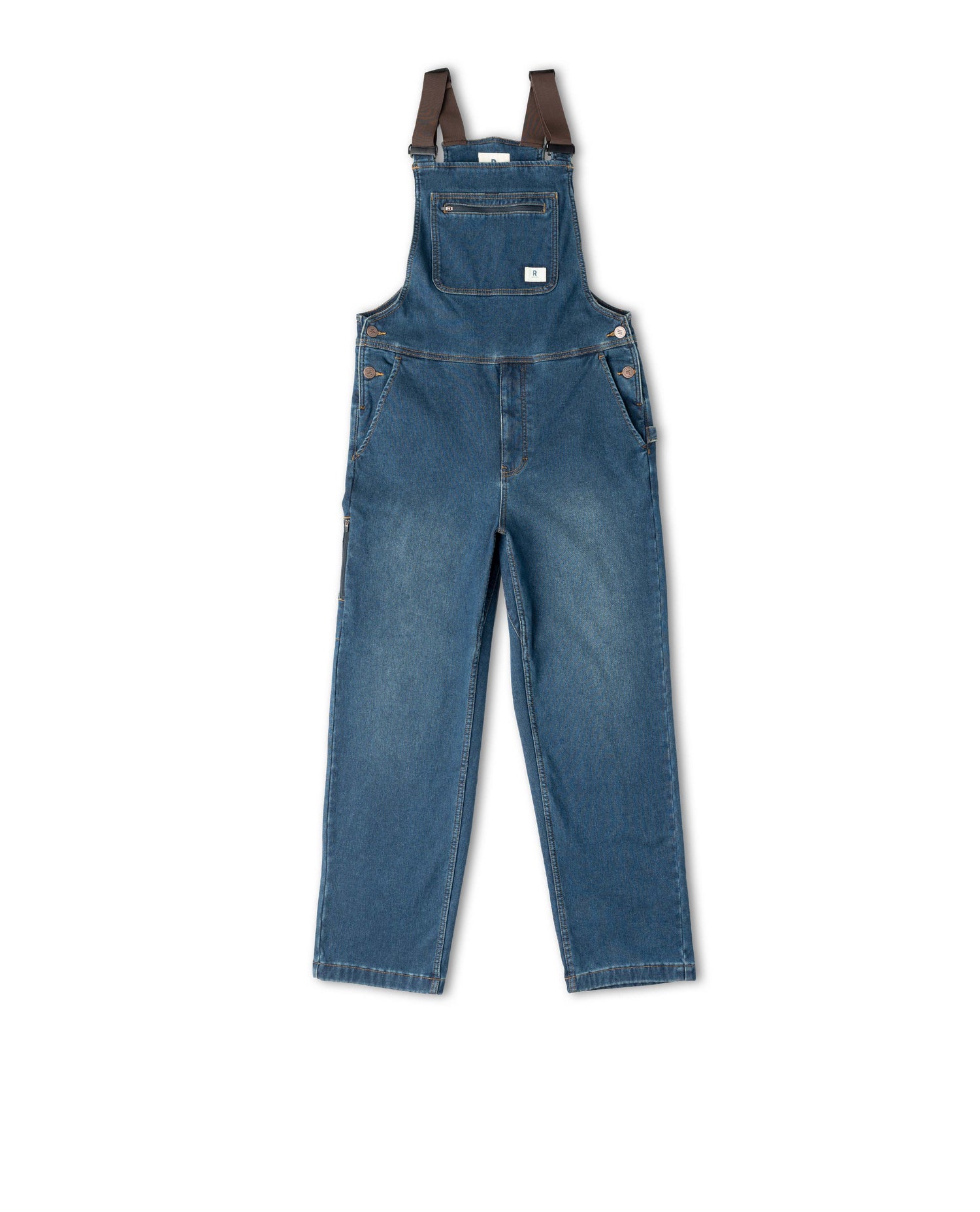 Blue denim overalls with brown straps on a white background