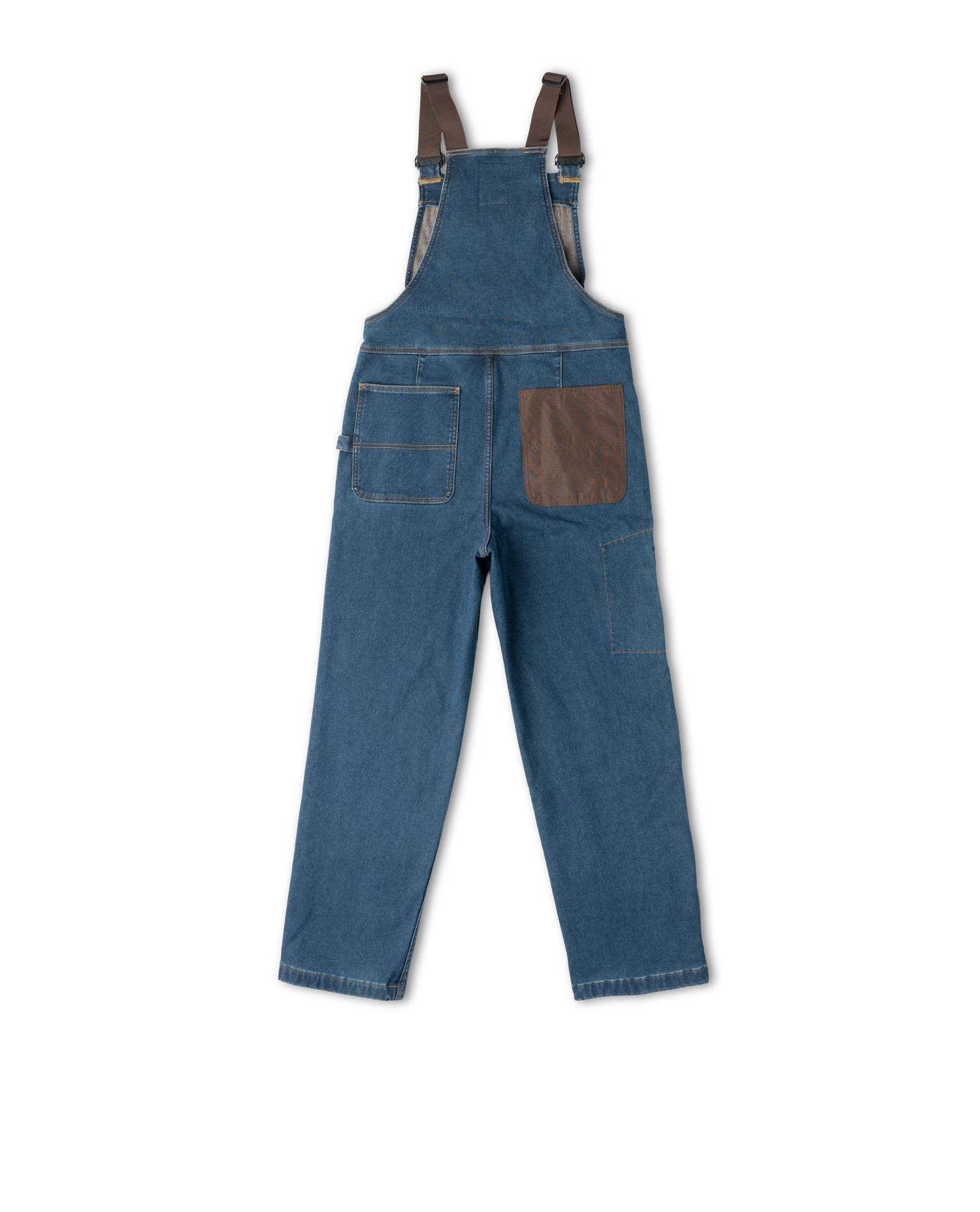 Blue denim overalls with brown accents on a white background