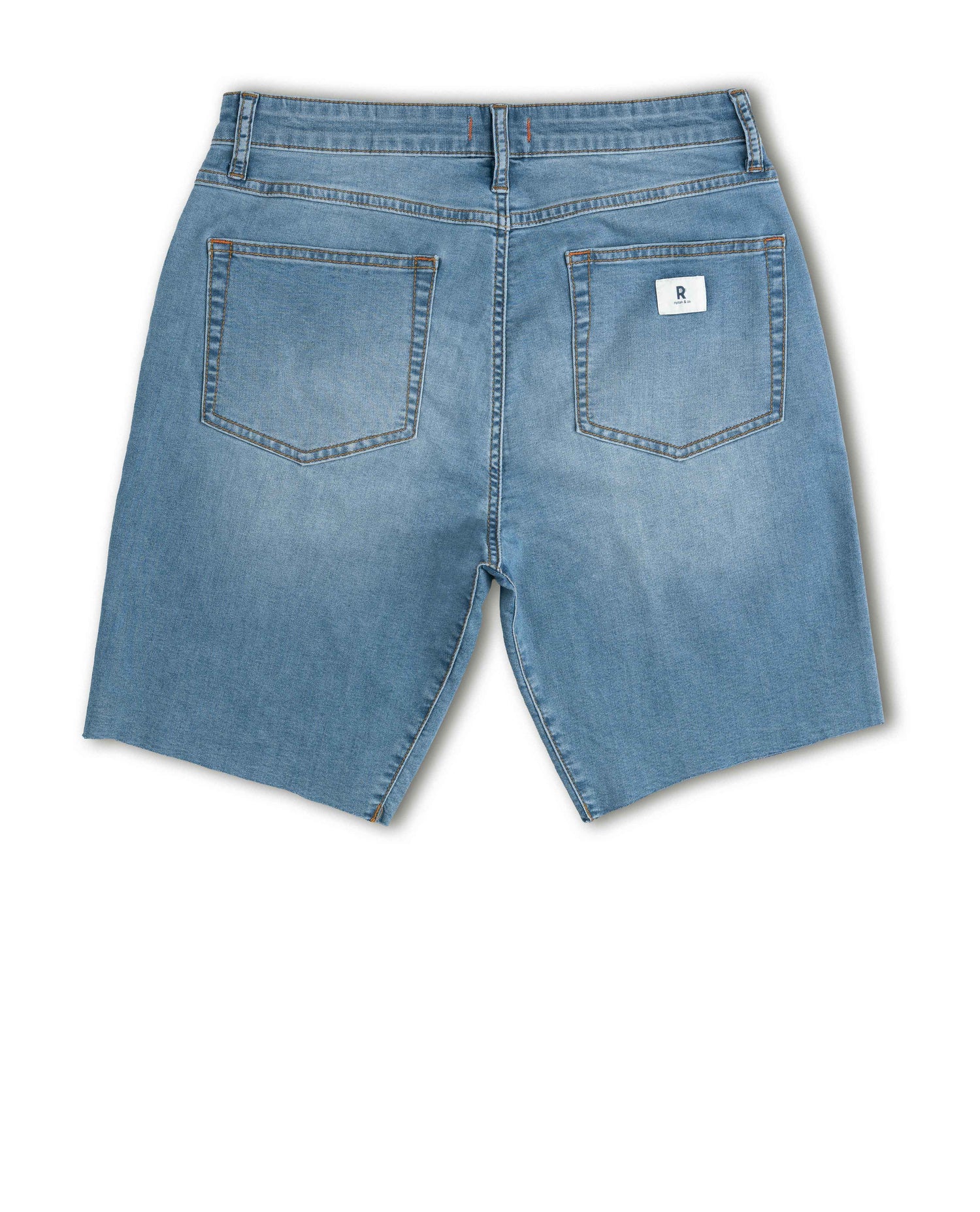 Back view of blue denim shorts on a white background