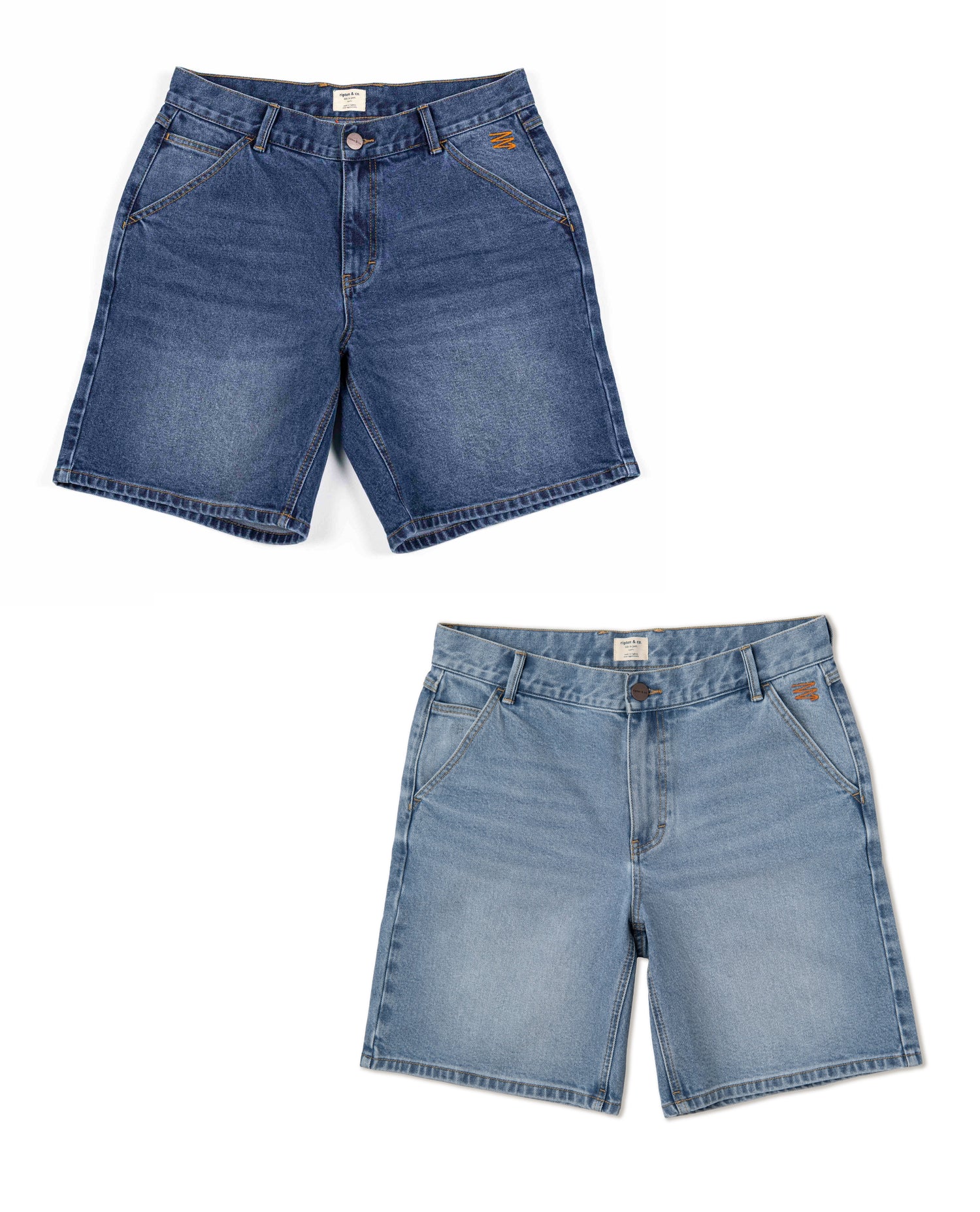 a pair of Ripton jorts in two washes. Studio photography.