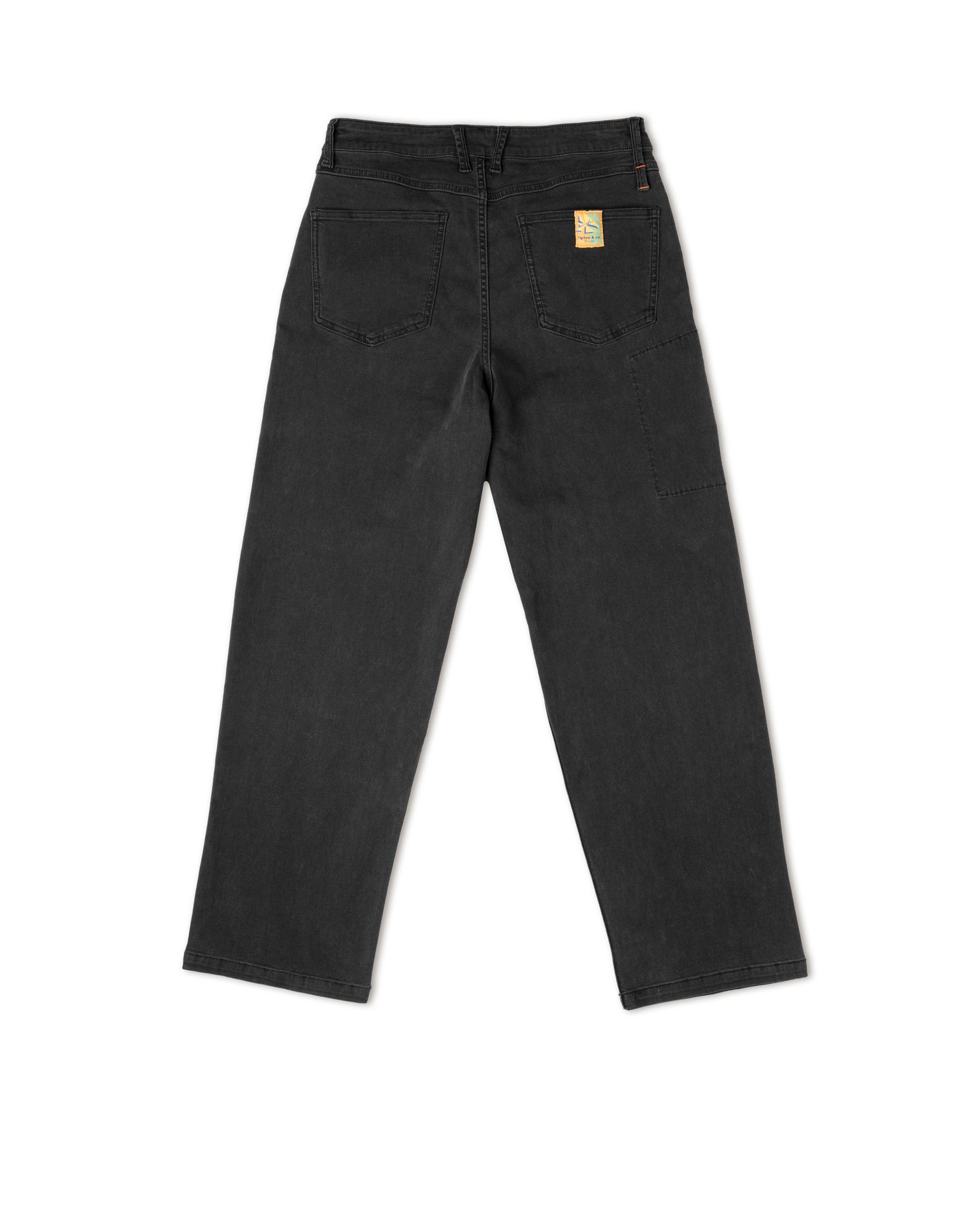 Black pants with a brand label on a white background