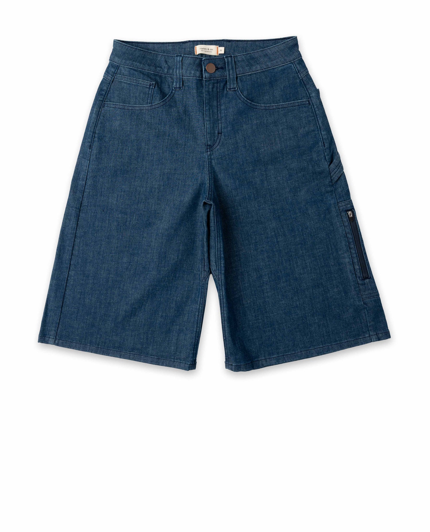 Blue denim shorts on a white background