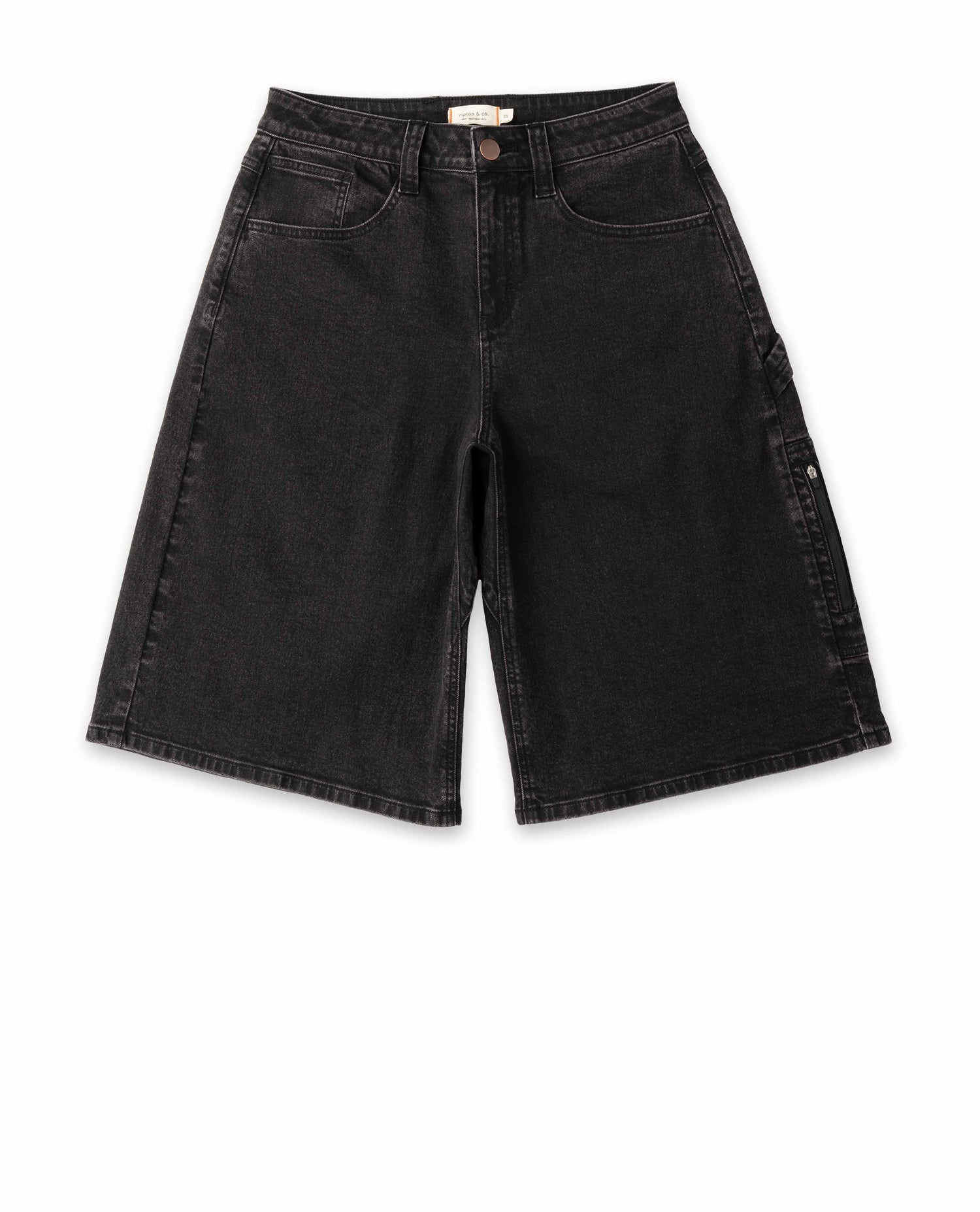 Black denim shorts on a white background